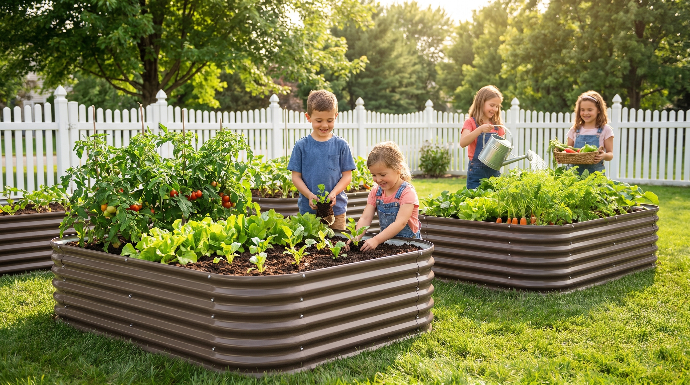 Colorful raised garden beds with kids growing vegetables in a sunny backyard garden