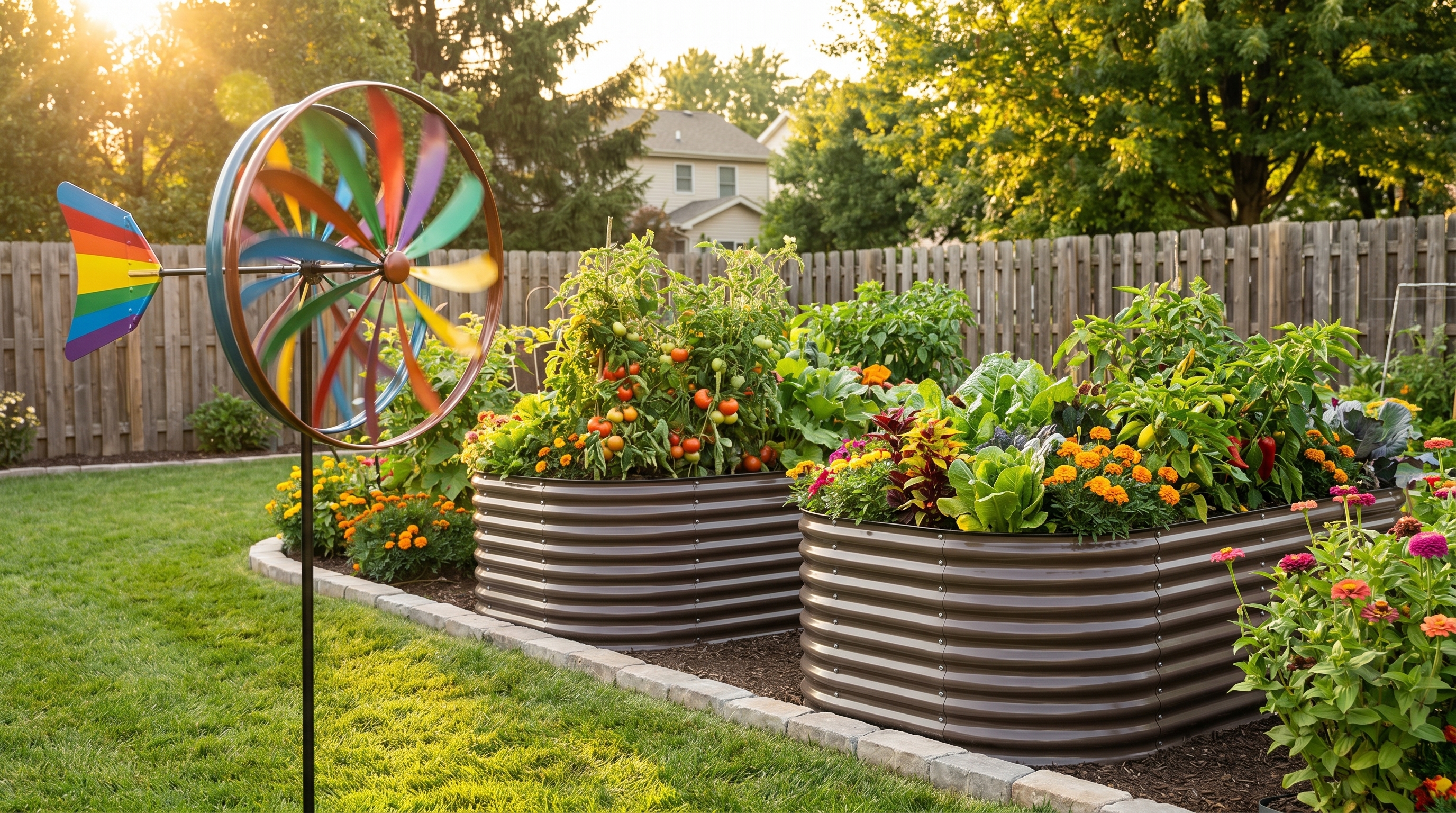 Kinetic wind spinner positioned beside galvanized steel raised garden beds in a beautifully designed backyard garden