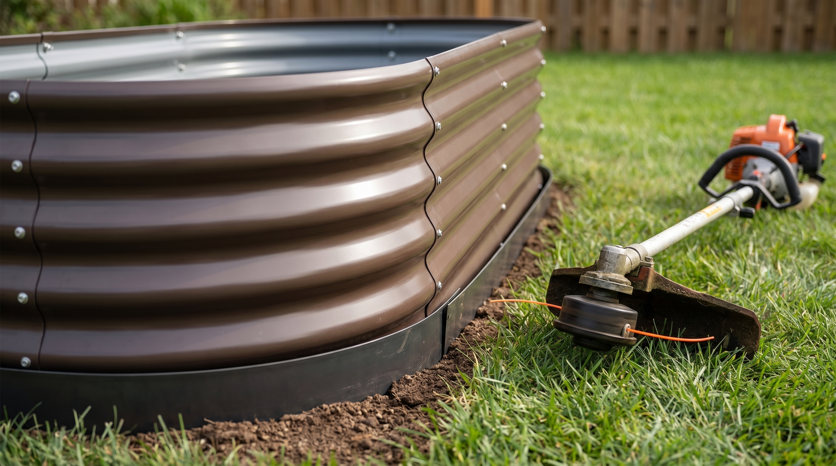 Garden edging installation around a galvanized steel raised garden bed with trimmer line visible nearby