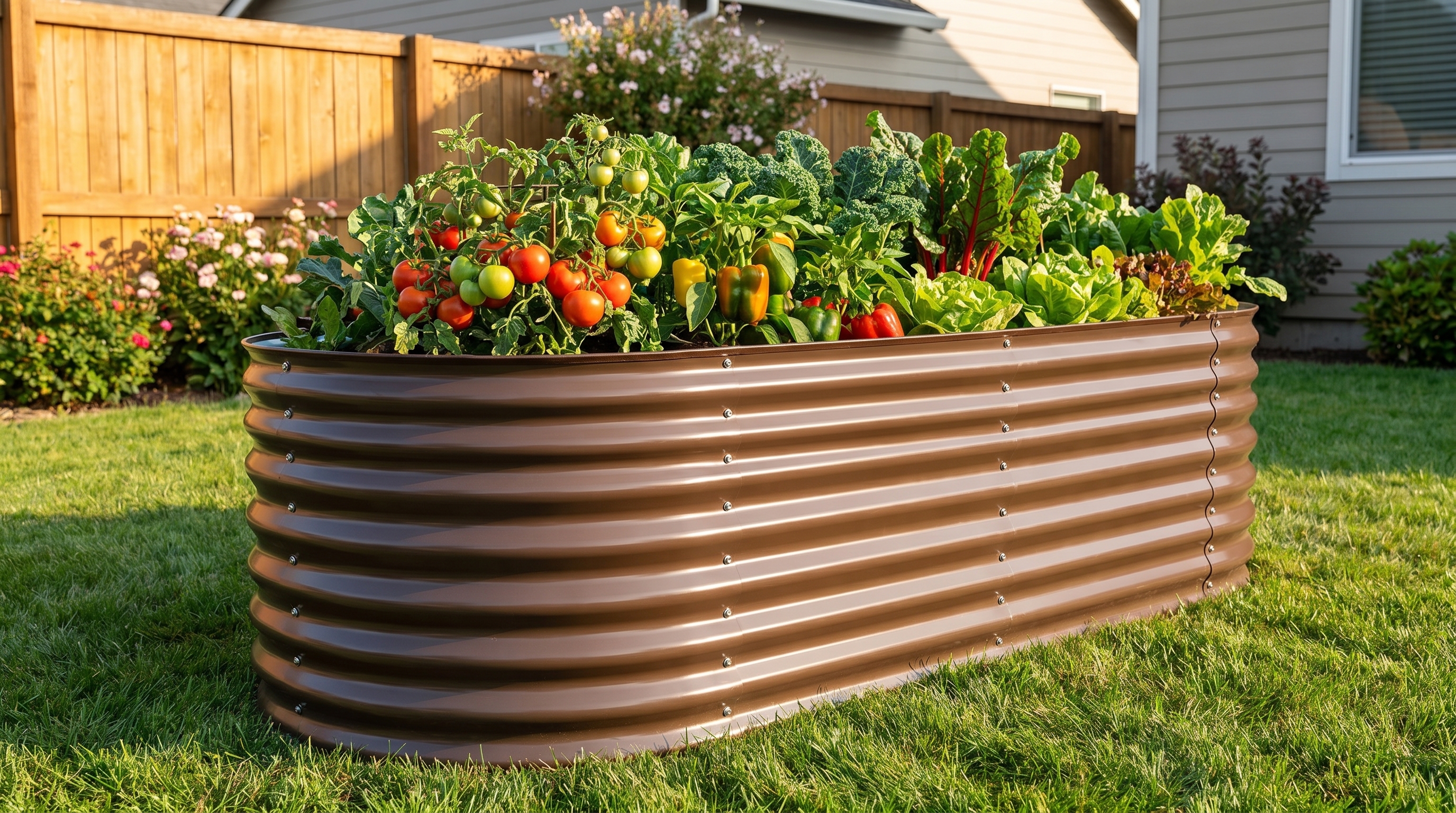 Metal raised garden beds filled with thriving vegetables, showcasing safe and productive home gardening
