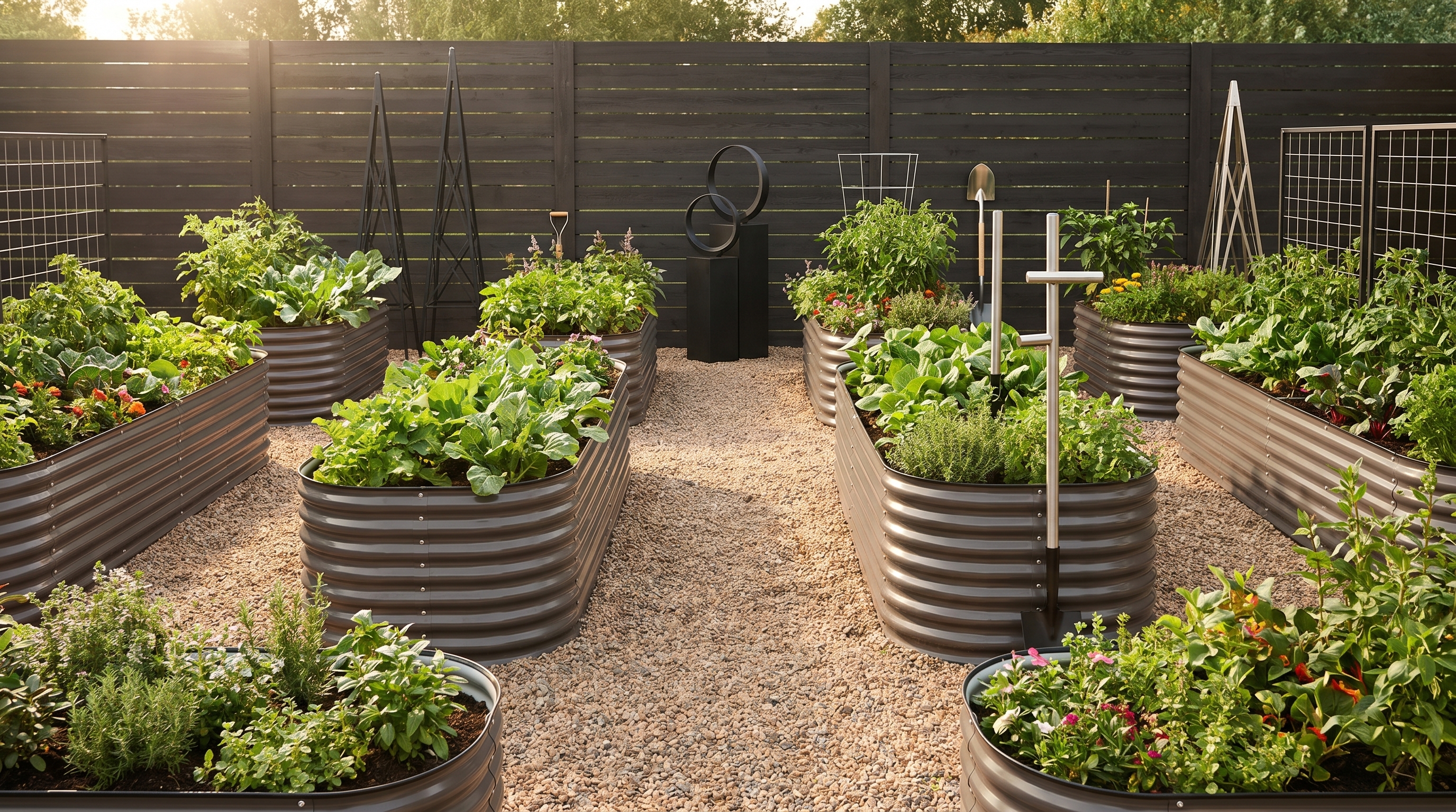 Organized raised bed garden layout with galvanized steel beds, gravel pathways, and modern garden ornaments in a suburban backyard
