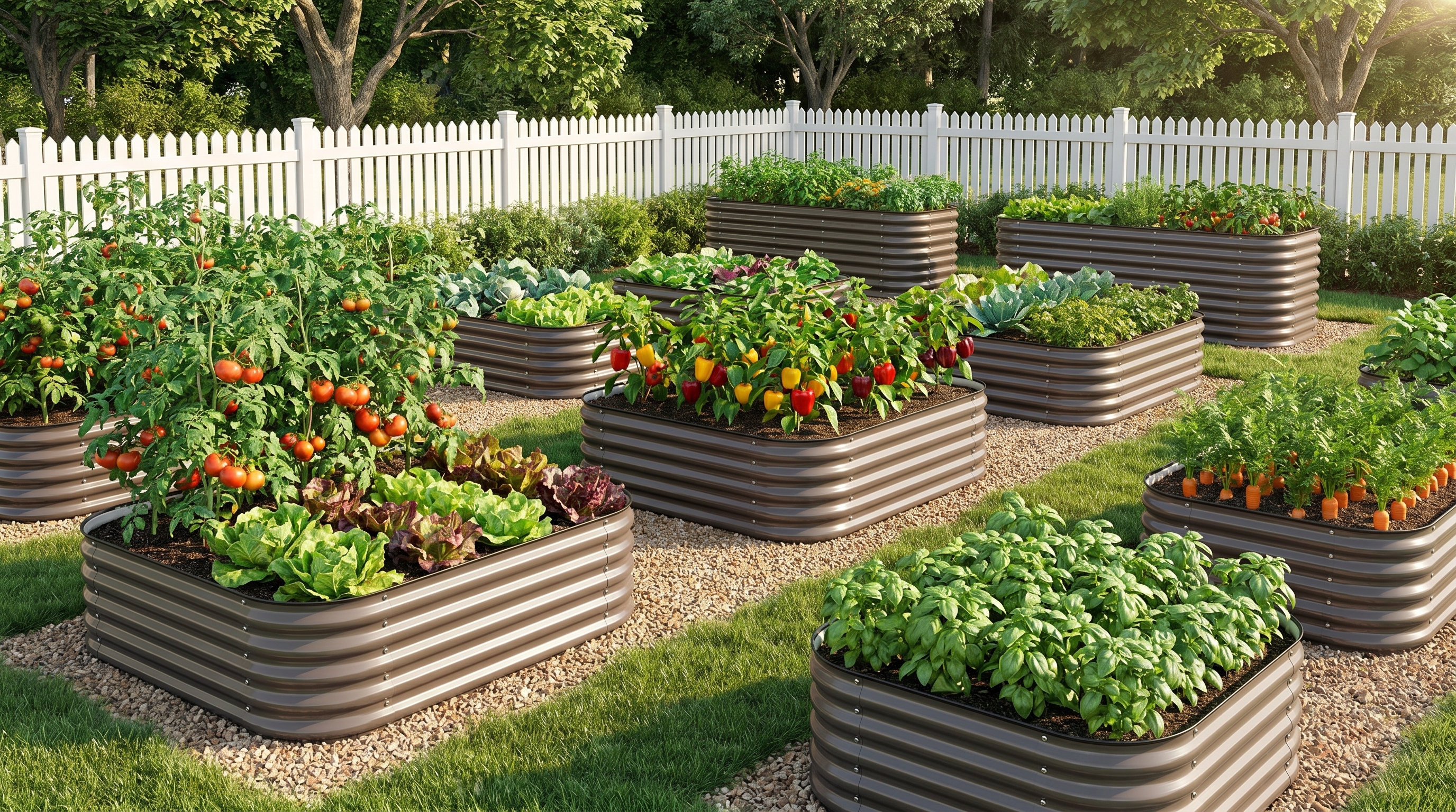 Variety of raised garden beds in different sizes arranged in a backyard garden layout with healthy vegetable plants