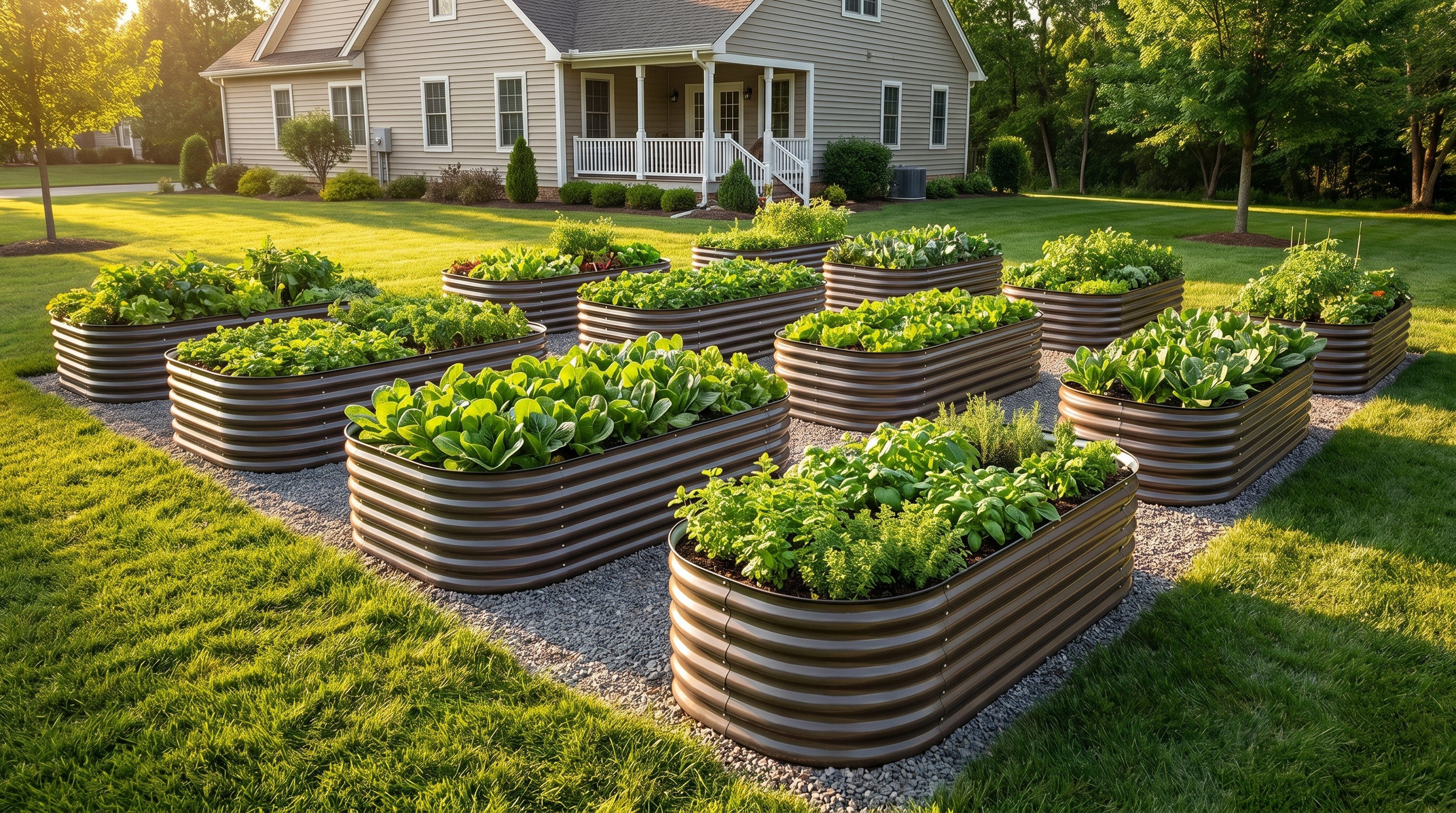 A well-planned raised bed garden layout in a sunny backyard with multiple galvanized steel beds arranged in rows