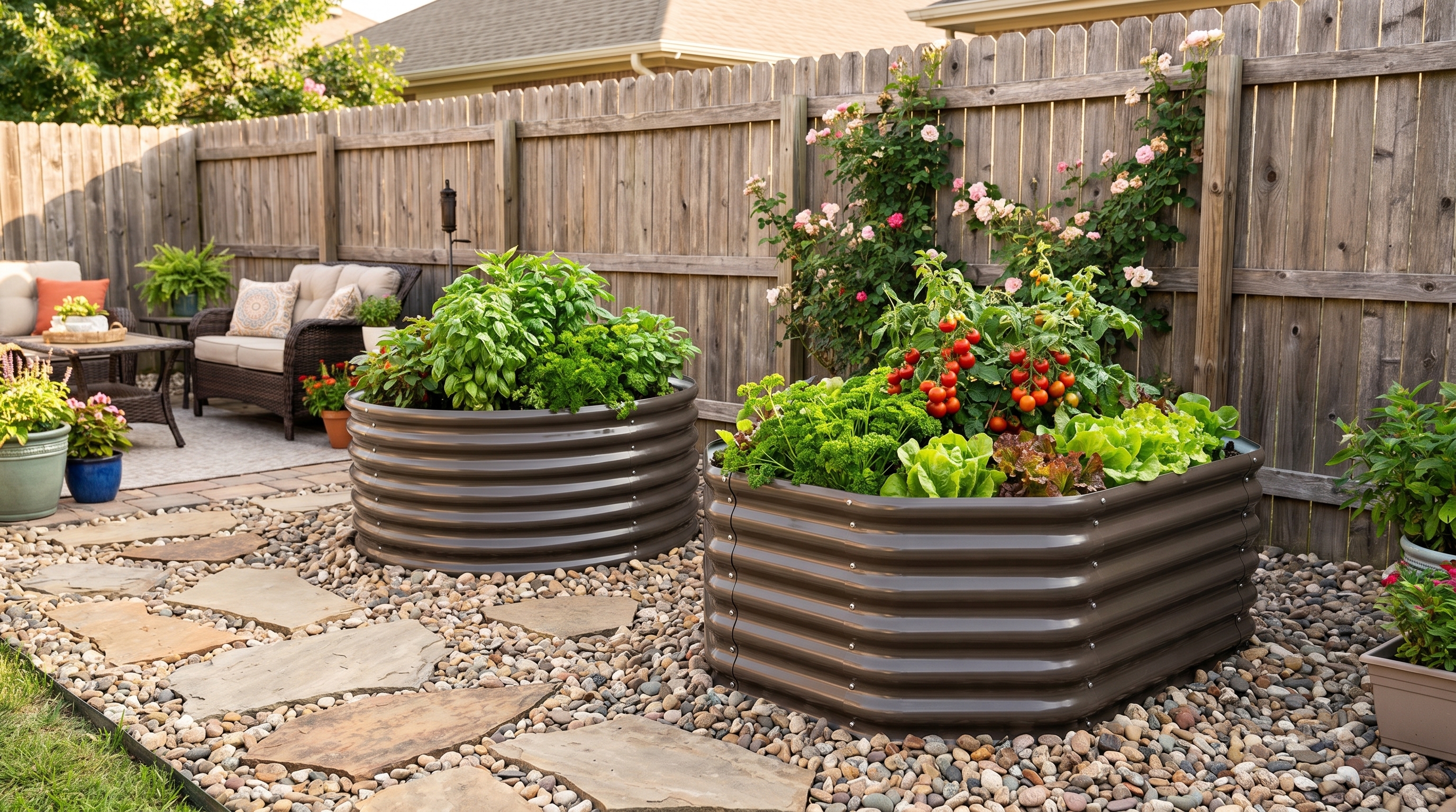 A round raised garden bed filled with colorful herbs and vegetables in a small backyard patio setting