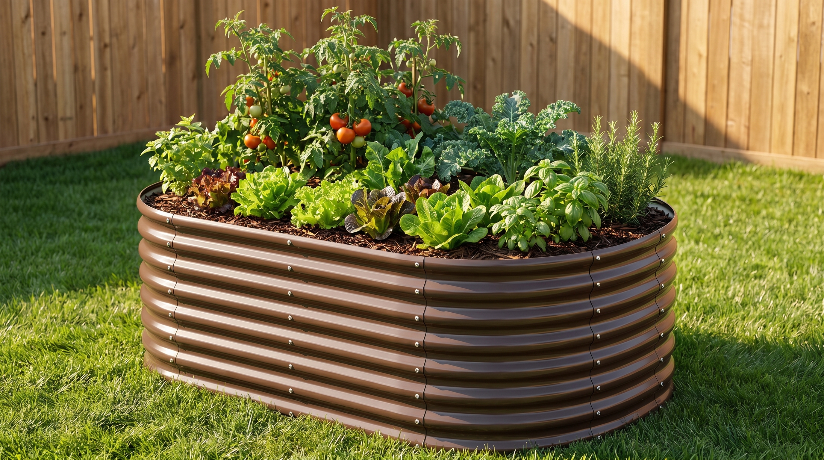 A homeowner inspecting a rust-resistant raised garden bed filled with thriving vegetables in a sunny backyard