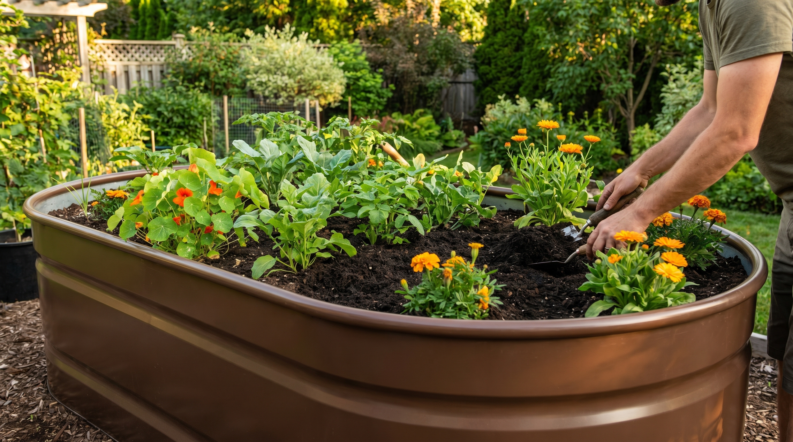 Seasonal compost application to raised garden beds showing healthy vegetable plants and rich soil