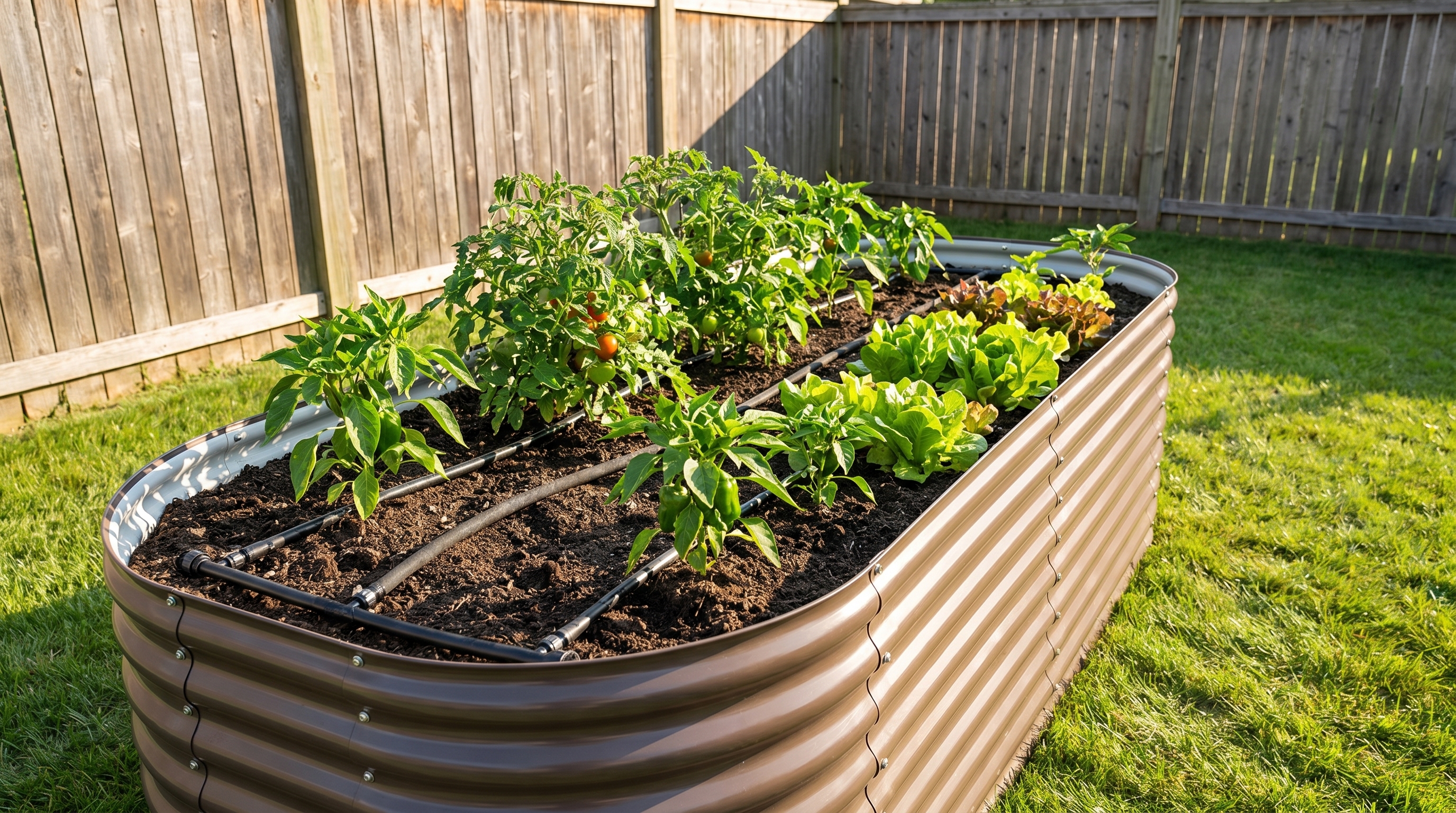 A galvanized steel raised garden bed with soaker hose and drip irrigation systems side by side in a sunlit backyard garden
