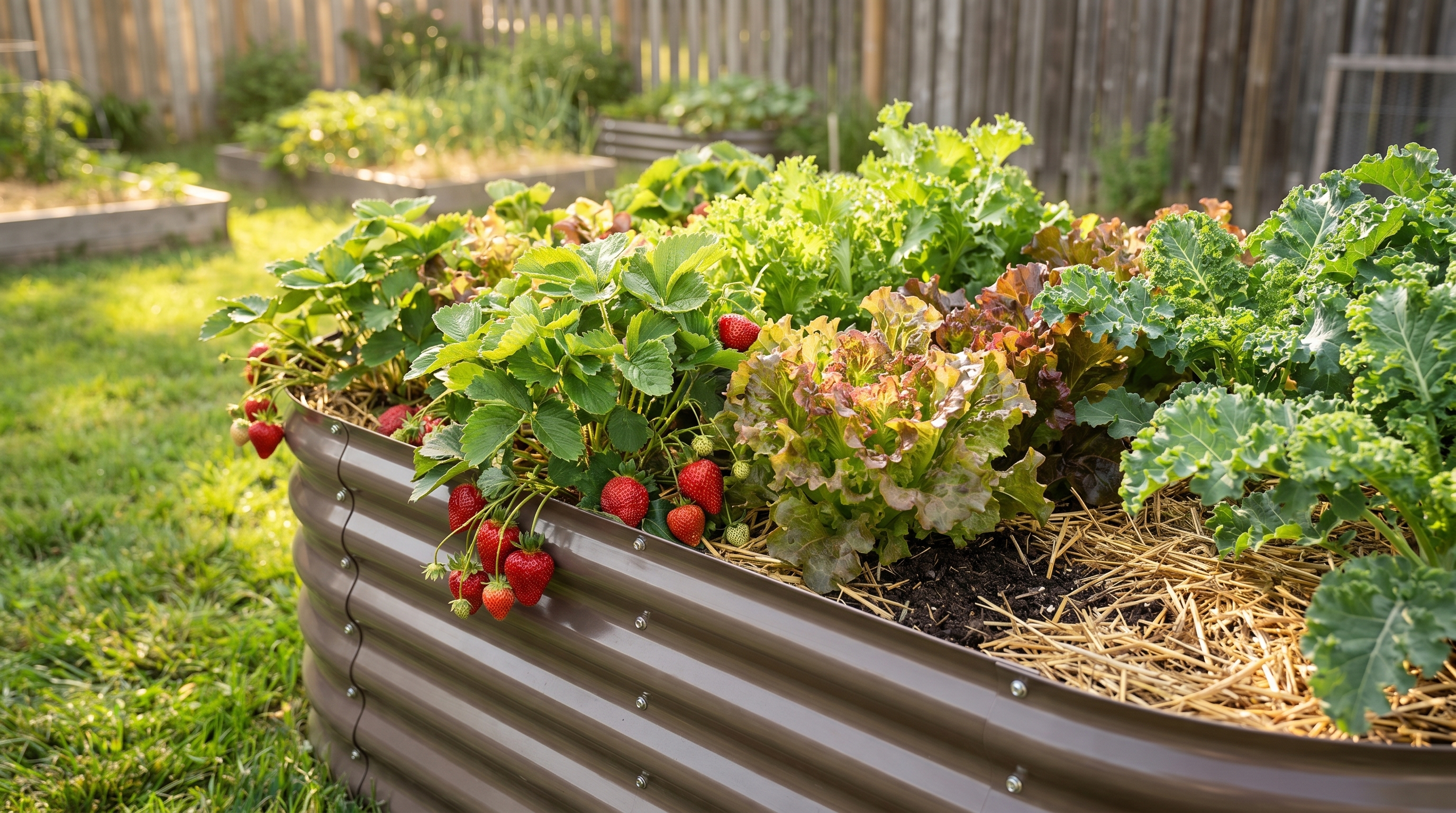 Close-up of thriving strawberries and leafy greens growing in a 24-inch rust-resistant Anleolife raised garden bed