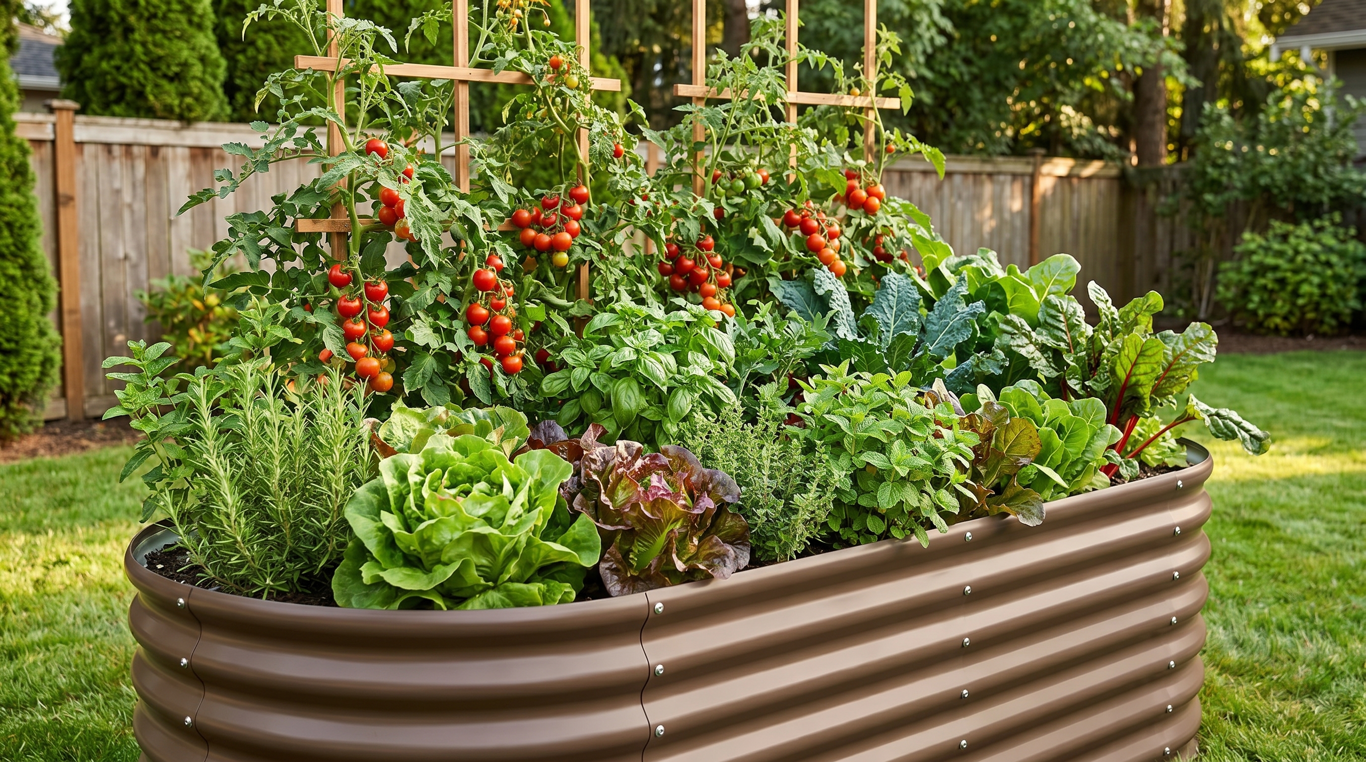 Colorful vegetables growing abundantly in a galvanized steel raised garden bed in a home garden