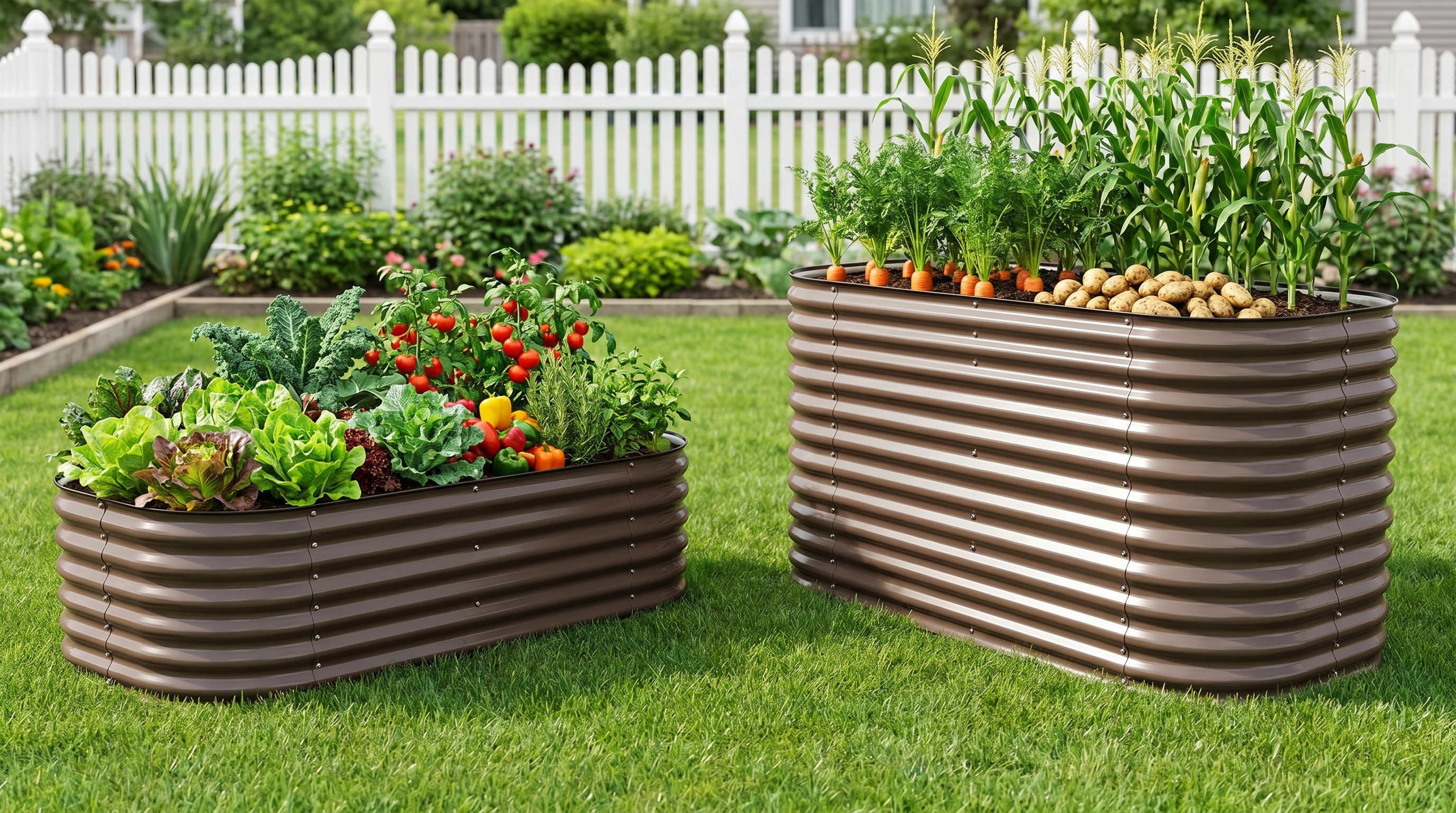 Side-by-side view of 18-inch and 35-inch galvanized steel raised garden beds in a well-organized backyard garden