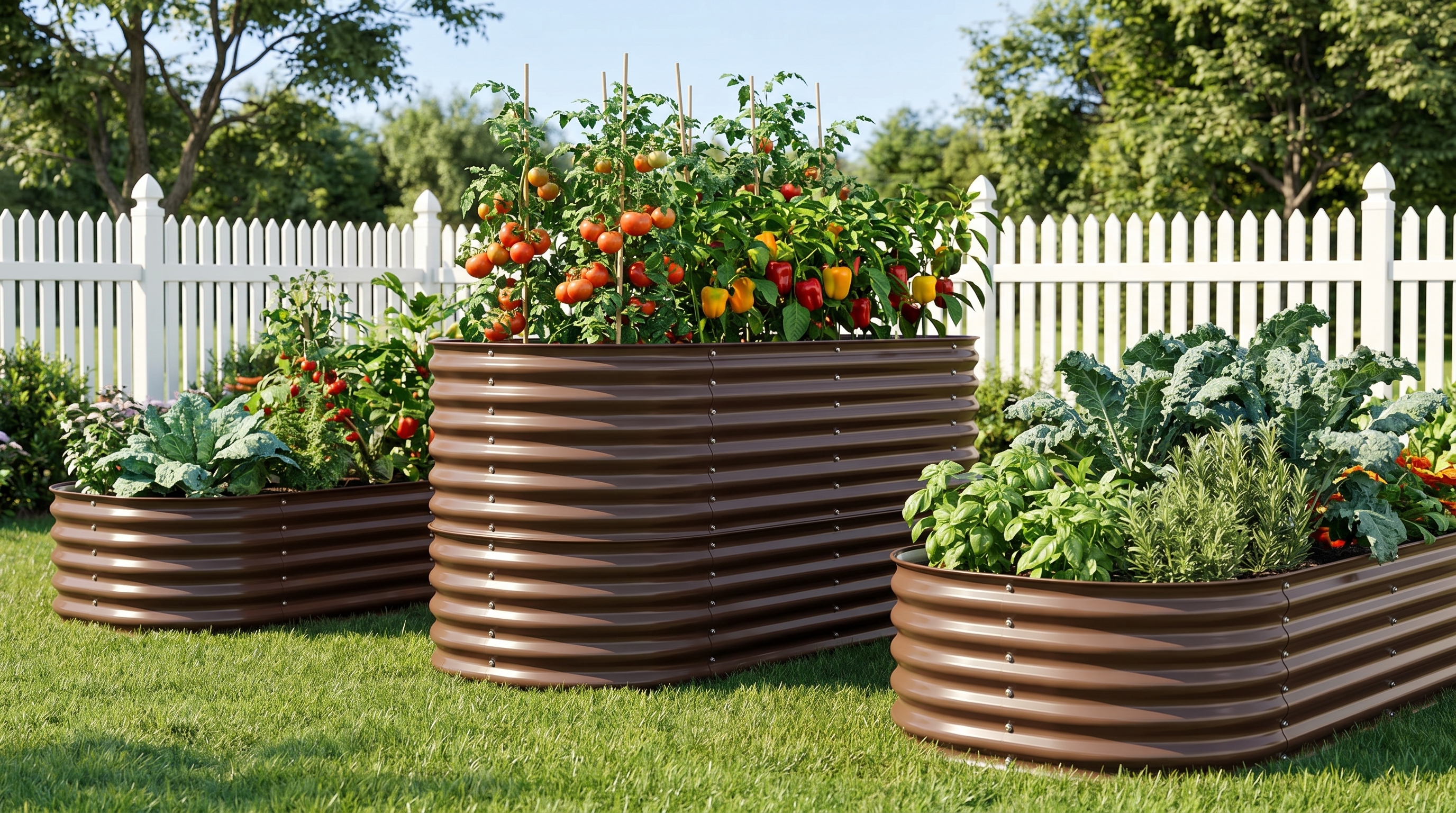 Galvanized steel raised garden beds filled with vegetables and herbs in a sunny backyard garden with eco-friendly materials