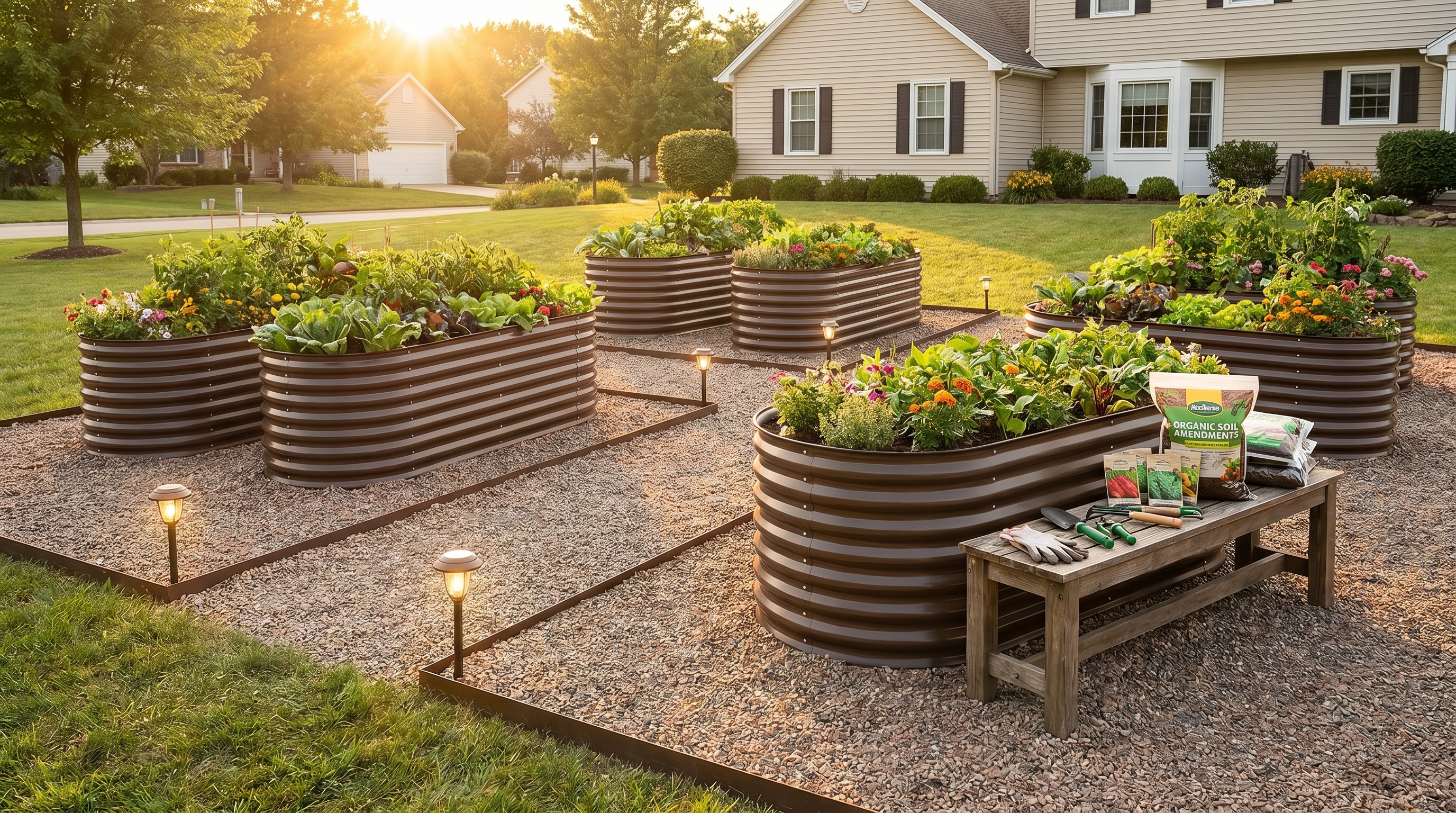 Galvanized steel raised garden beds with defined pathway edging and garden lighting in a redesigned backyard layout