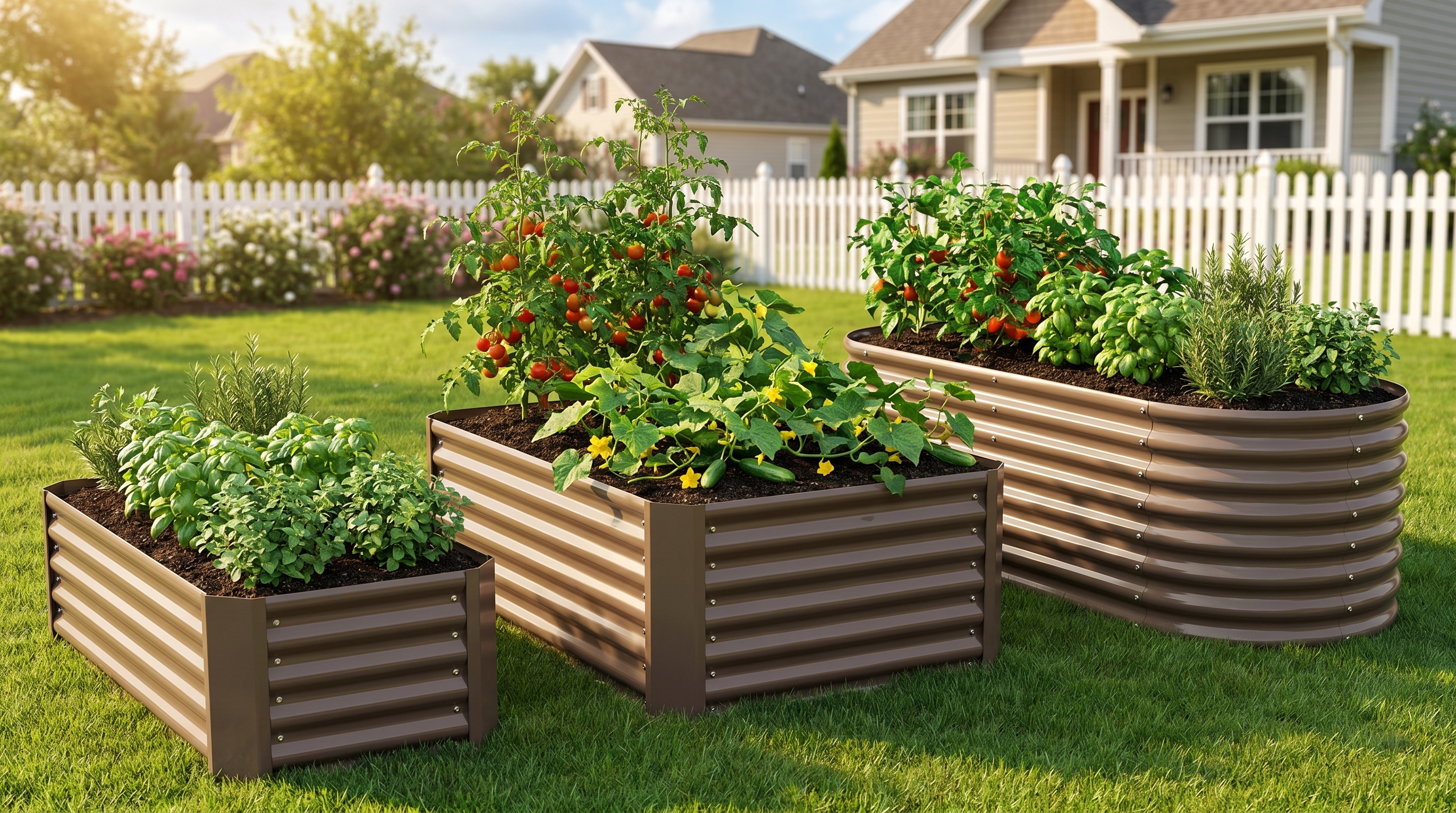 Various Anleolife raised garden bed sizes arranged in a sunny backyard showing size comparison from compact to large footprint