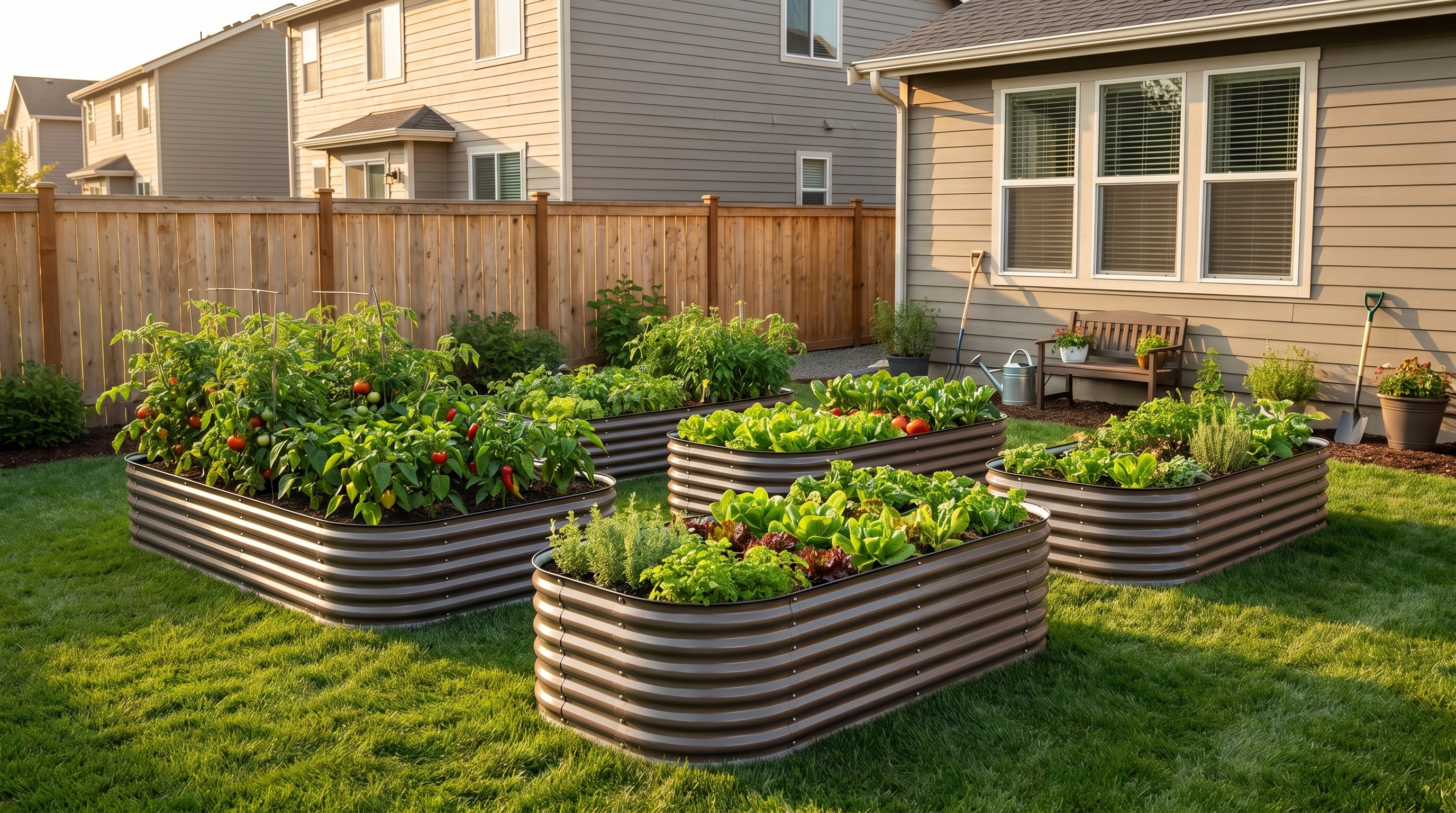 A multi-bed backyard garden system with galvanized steel raised beds arranged in a planned layout under $2000