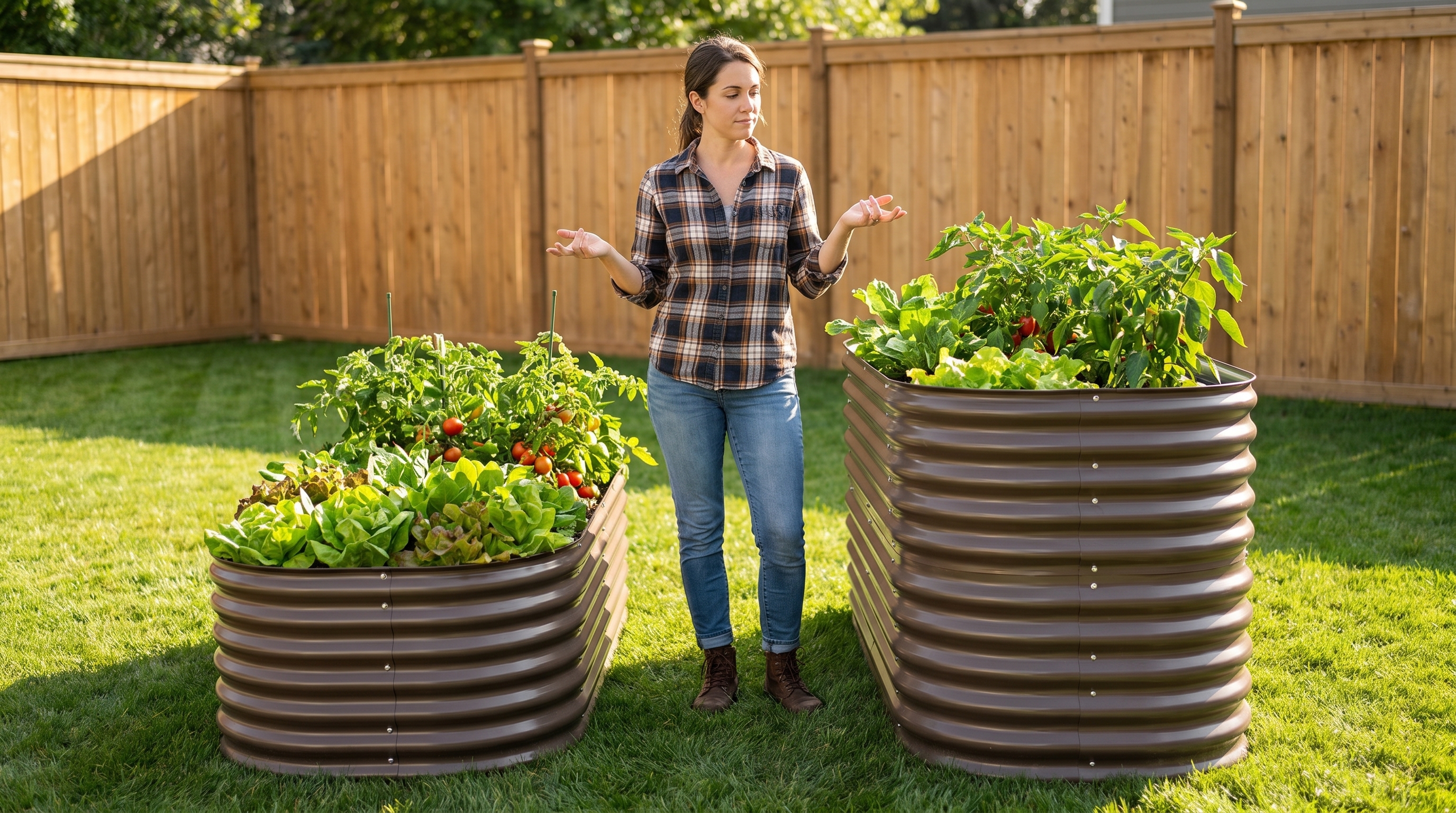 A beginner gardener comparing an 18-inch and 35-inch raised garden bed in a sunny backyard