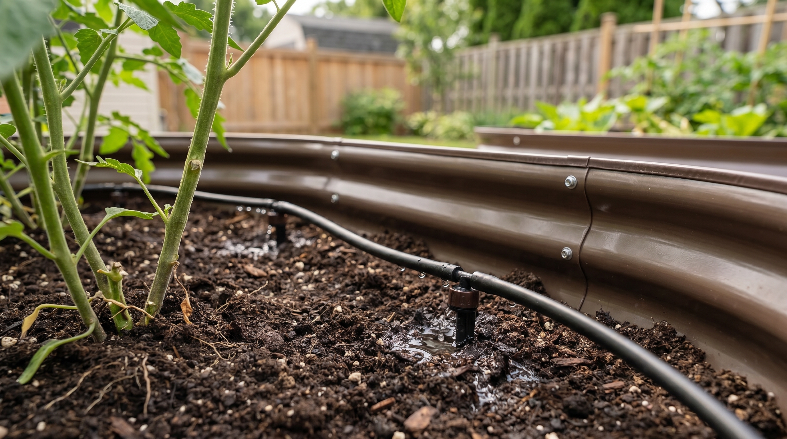 Drip irrigation emitters installed at the base of vegetable plants inside a galvanized raised garden bed