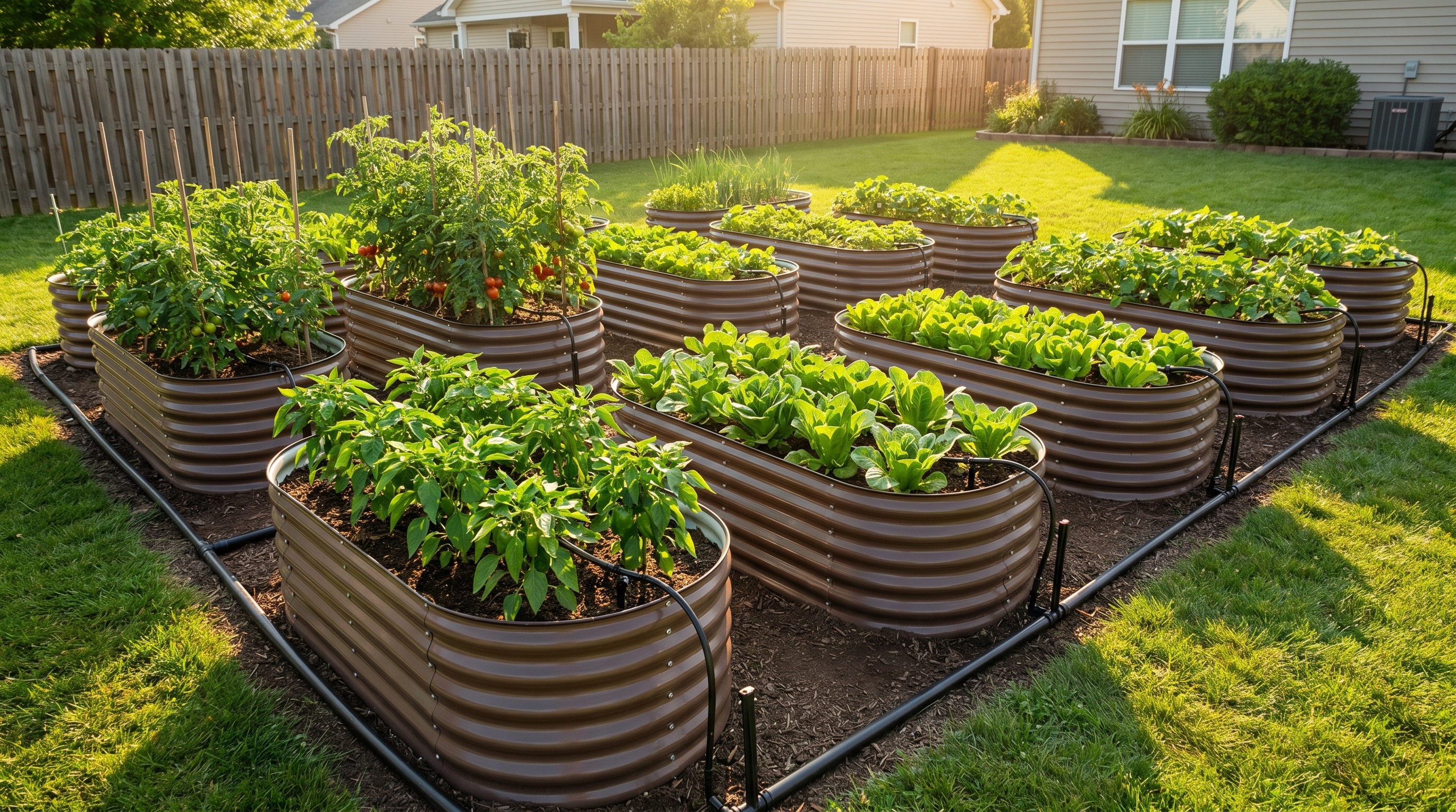 A complete drip irrigation system connected across multiple raised garden beds in a sunny backyard