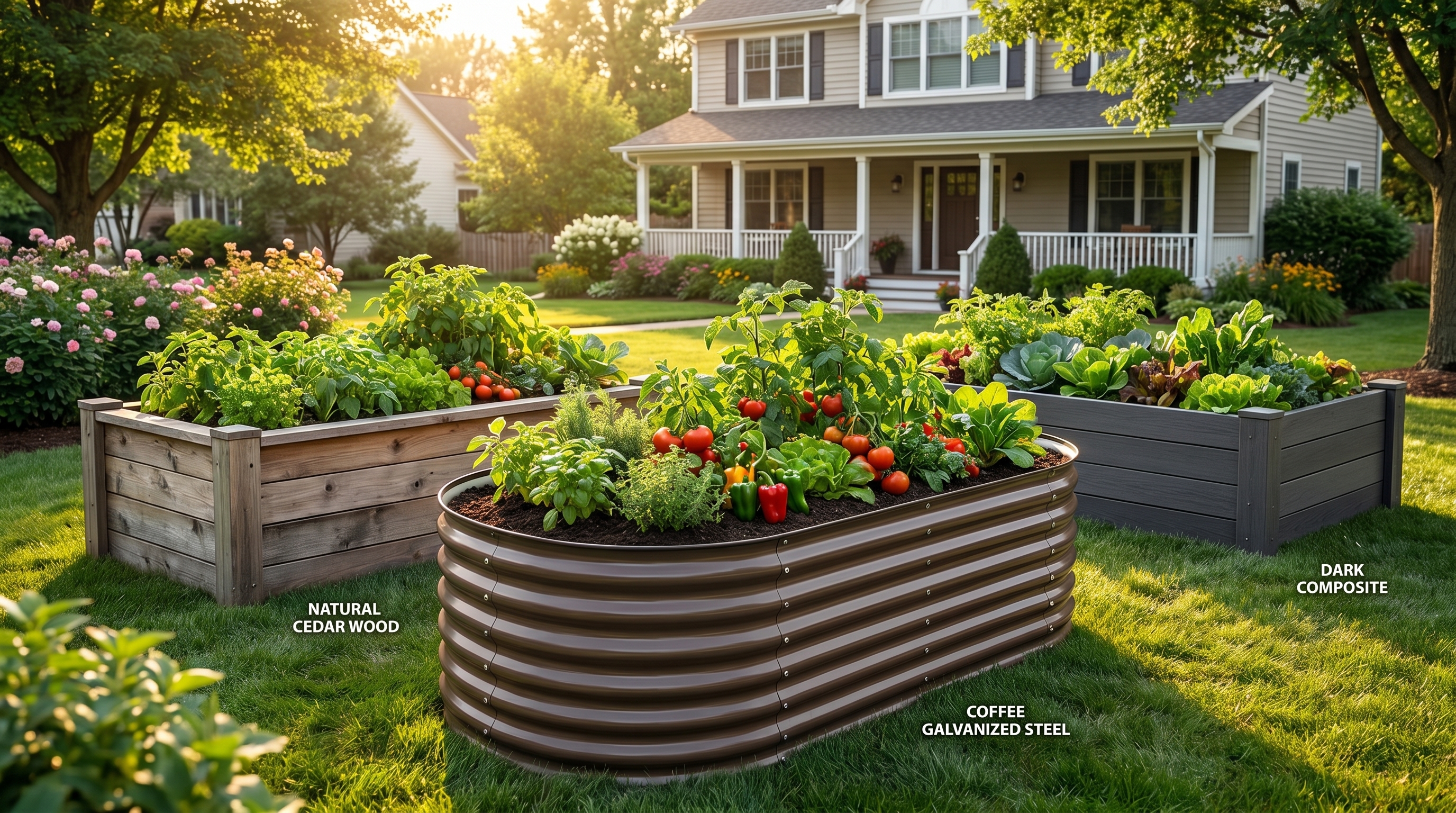 Eco-friendly raised garden bed materials comparison showing galvanized steel, wood, and recycled options in a lush backyard garden