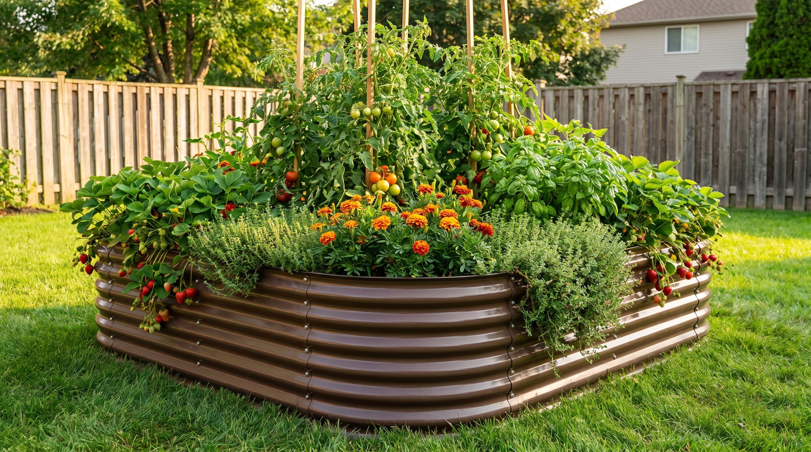 Galvanized steel raised garden bed planted with summer flowers and vegetables in a heart-inspired layout