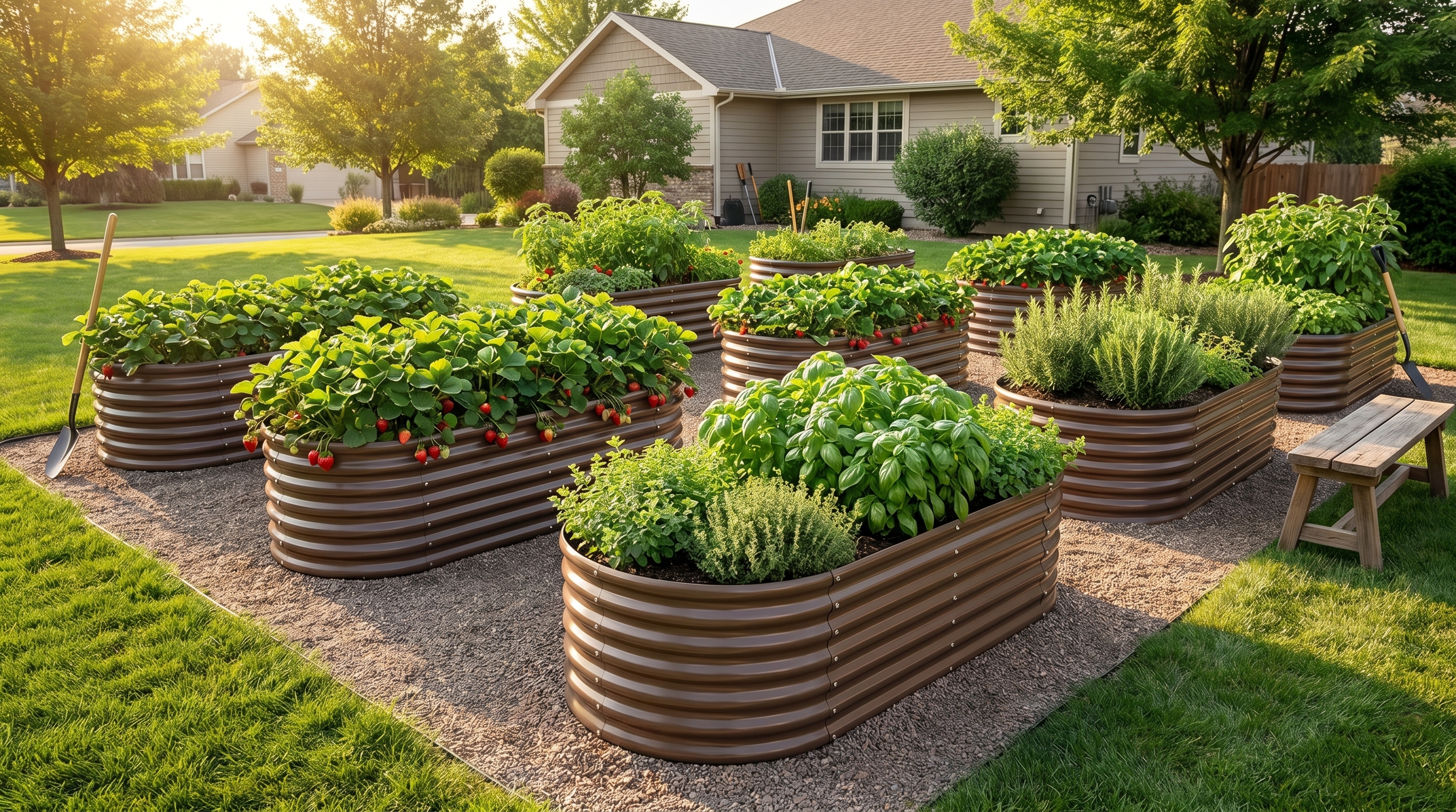 Galvanized steel raised garden beds growing strawberries and herbs in a well-designed backyard garden layout
