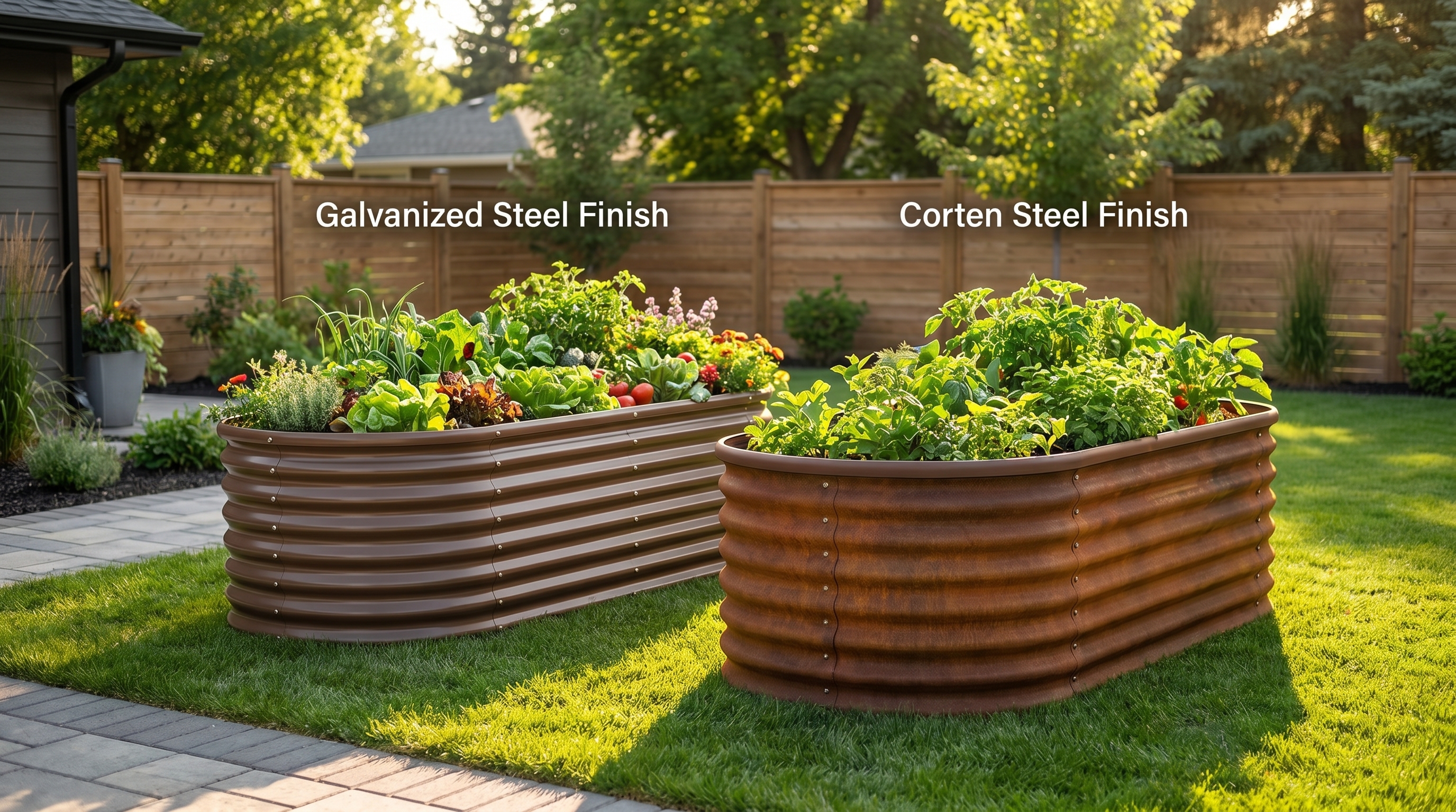 Galvanized steel vs corten steel raised garden beds compared side by side in a backyard outdoor setting