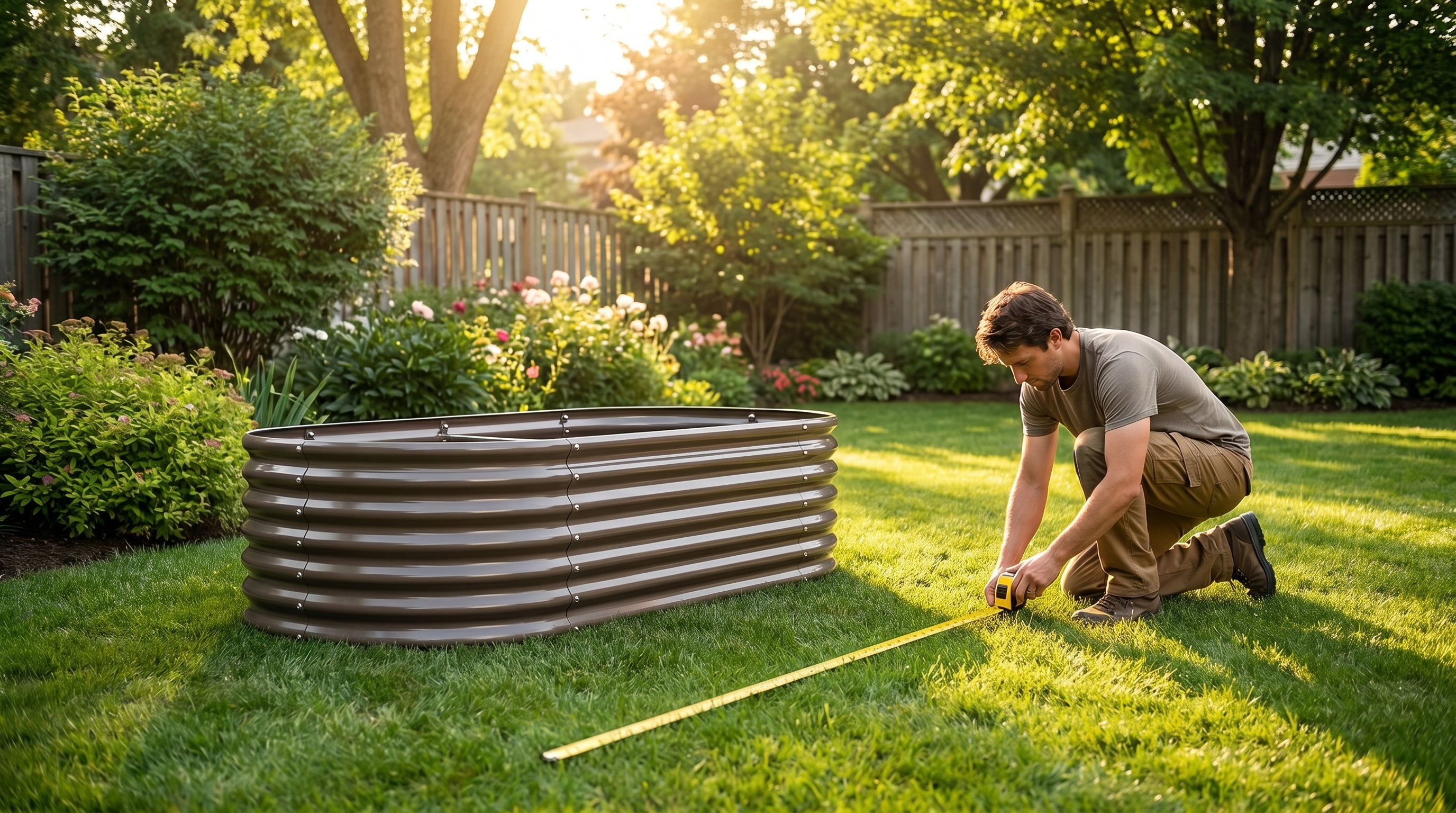 A gardener measuring a sunny backyard to choose the right raised garden bed size for summer planting