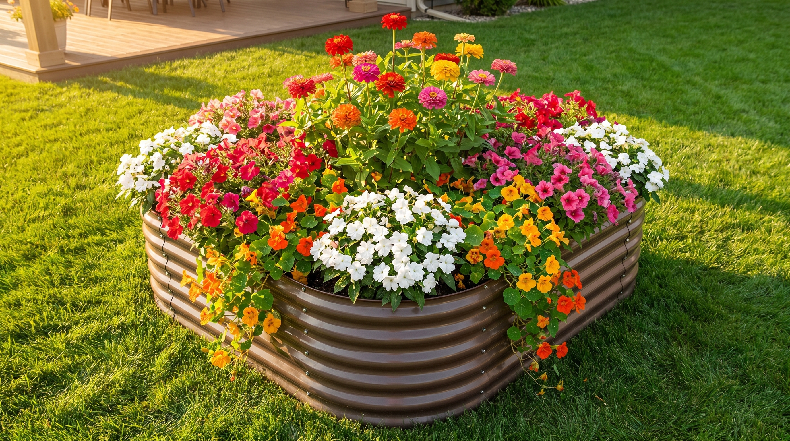 Heart-shaped raised garden bed as a summer backyard statement piece with blooming flowers
