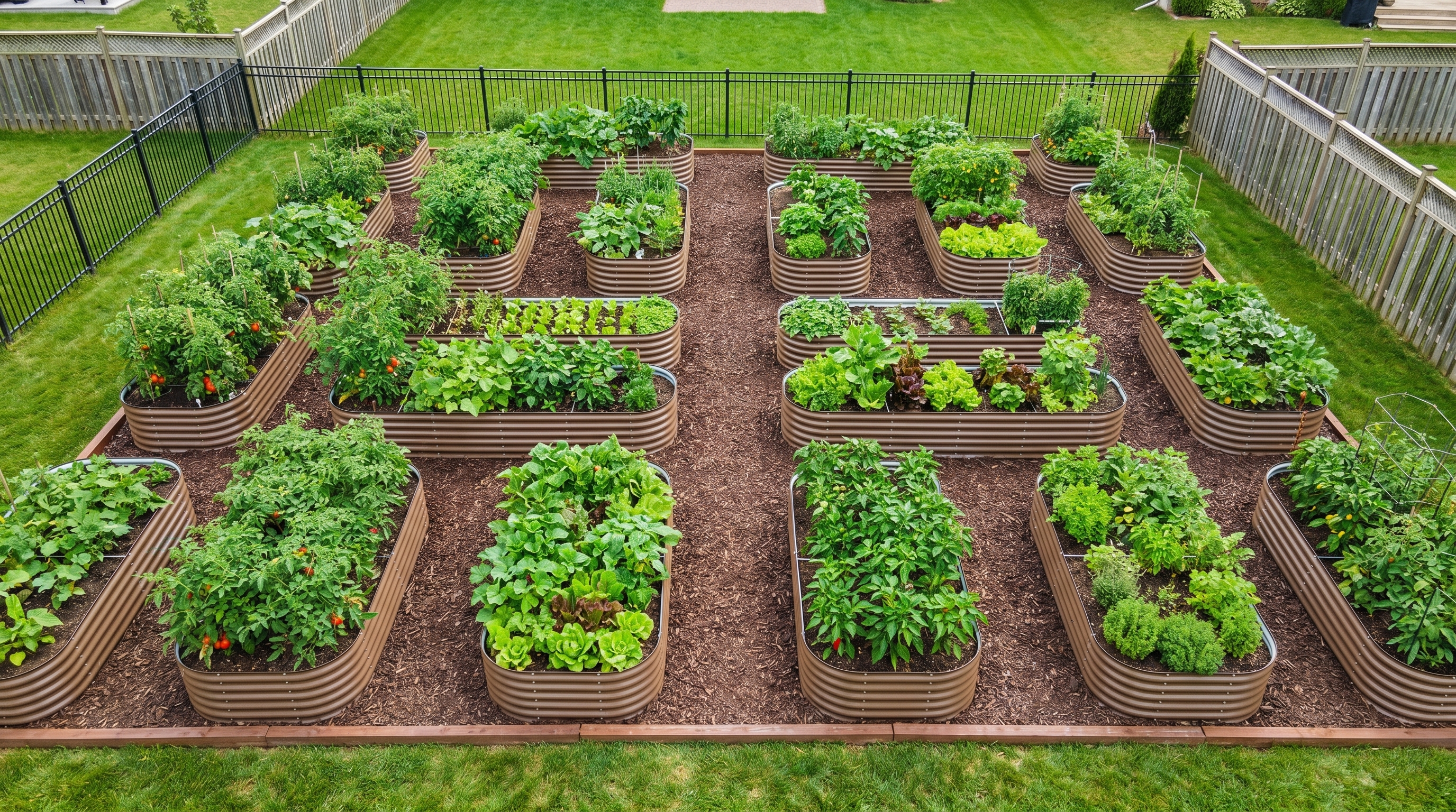 Overhead view of a well-planned raised bed garden with galvanized steel beds, garden edging, and clear pathways