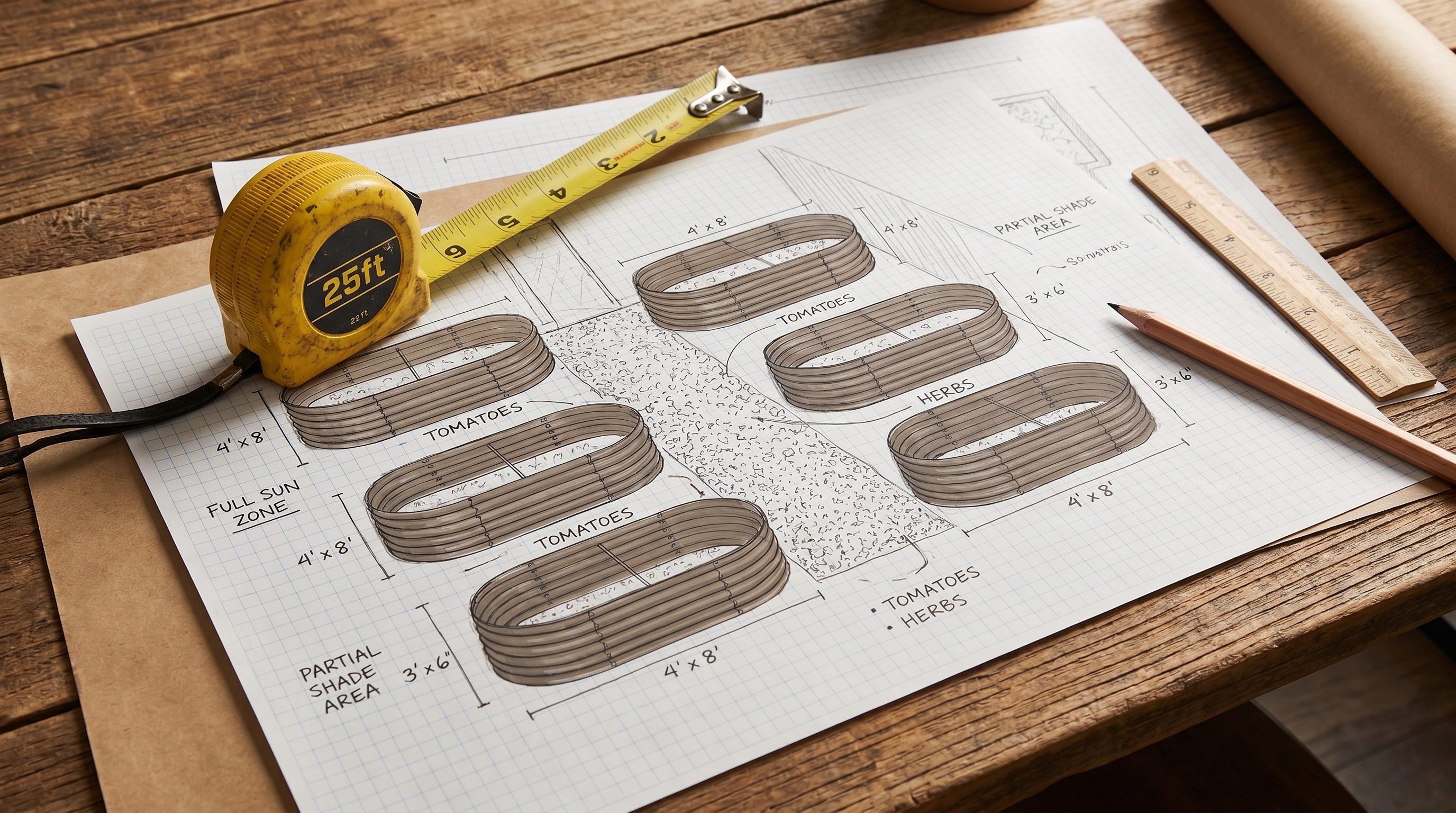 A detailed garden planning layout with raised beds arranged on graph paper beside a tape measure and pencil
