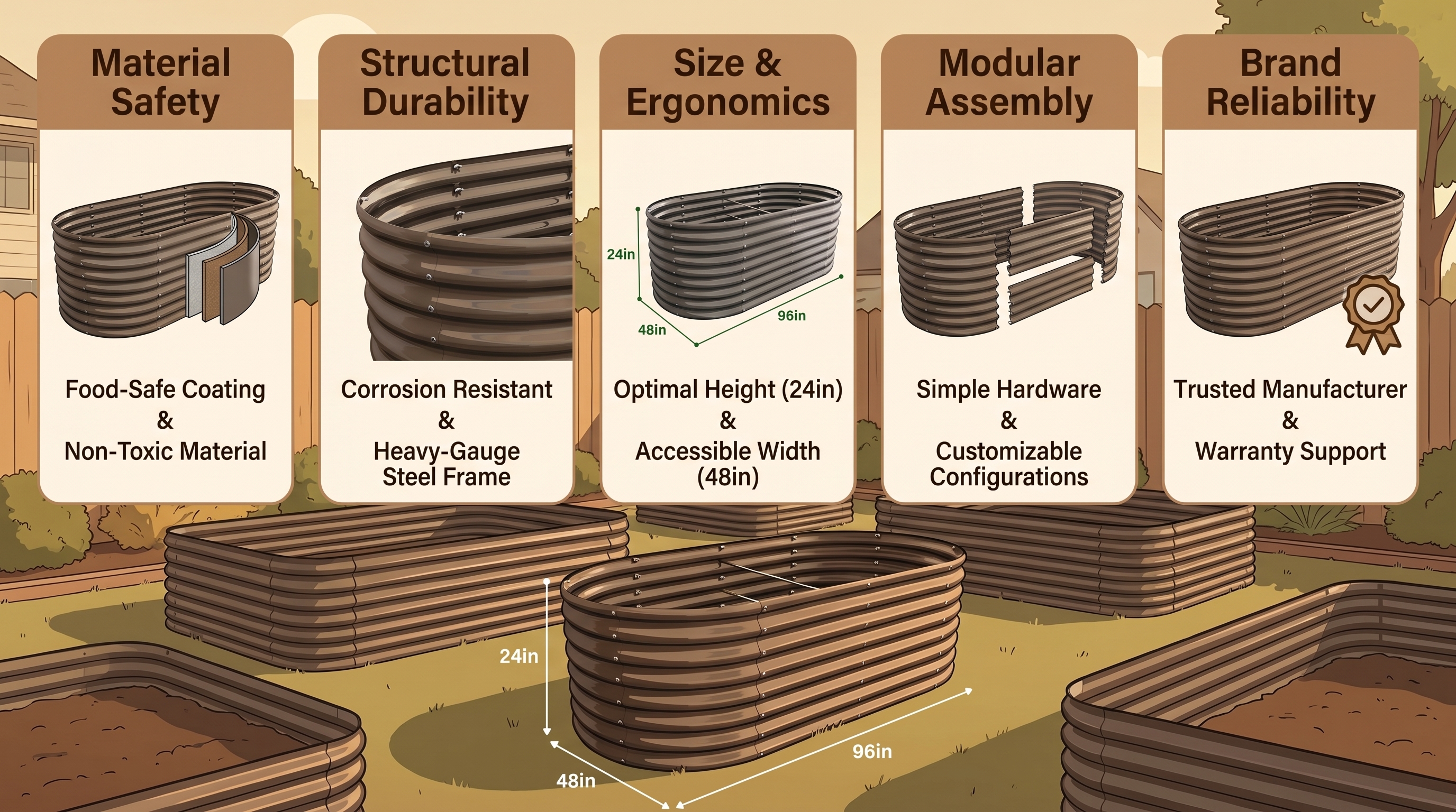 Five raised garden bed checkpoints illustrated with product examples including galvanized steel and rust-resistant materials