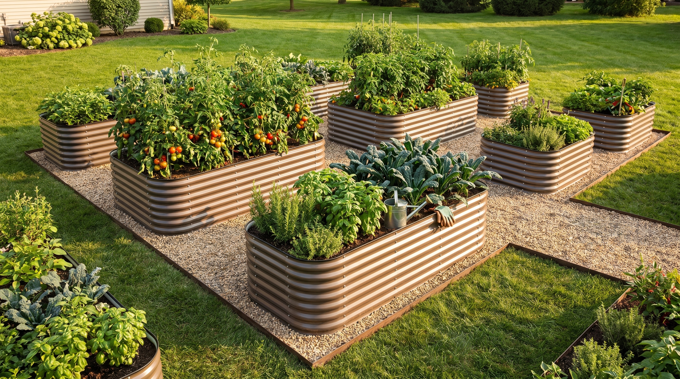 A beautifully redesigned backyard garden layout featuring raised garden beds, defined pathways, and lush summer plantings