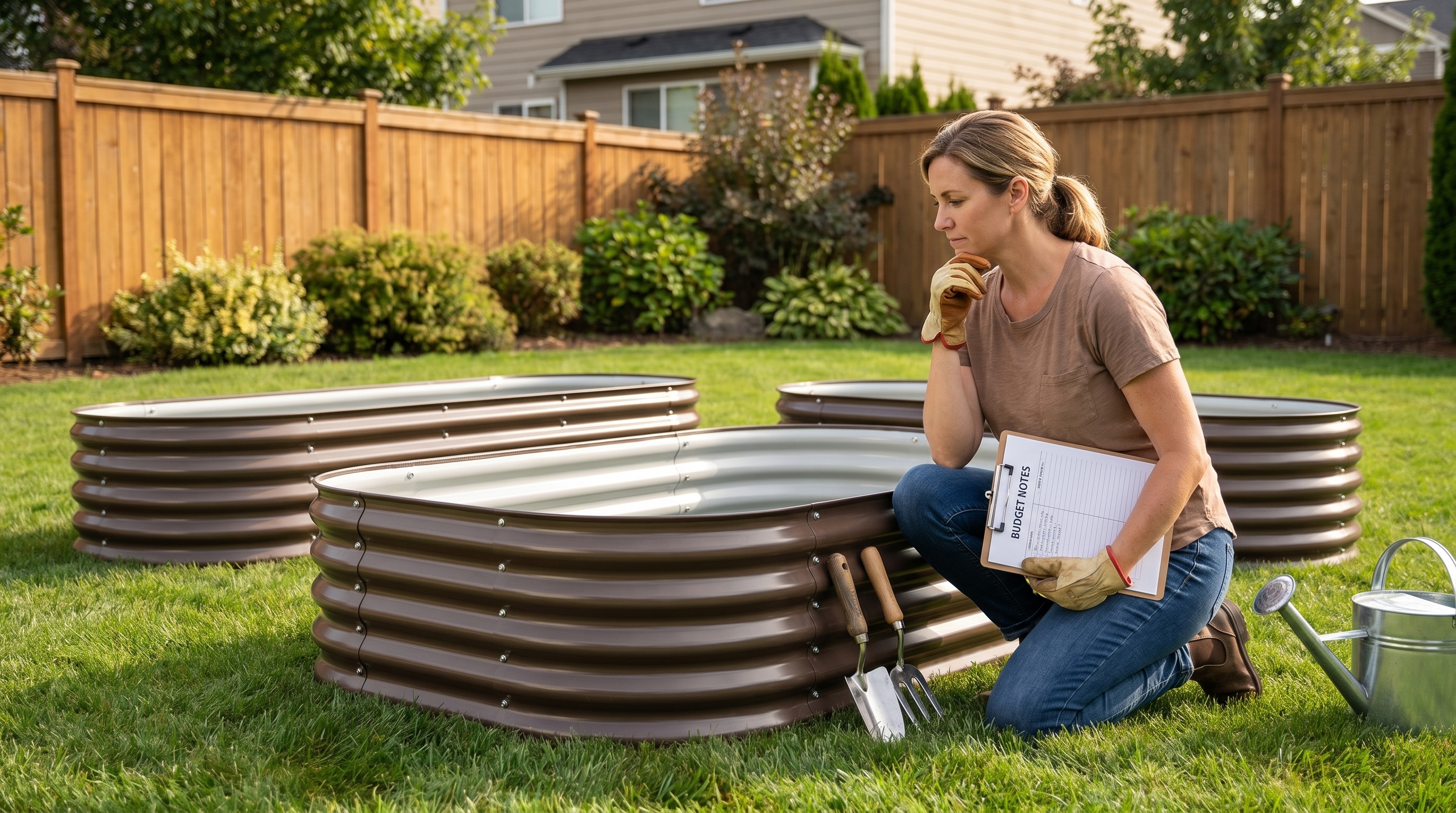 A person comparing raised garden bed options in a backyard setting with budgeting notes and garden tools nearby
