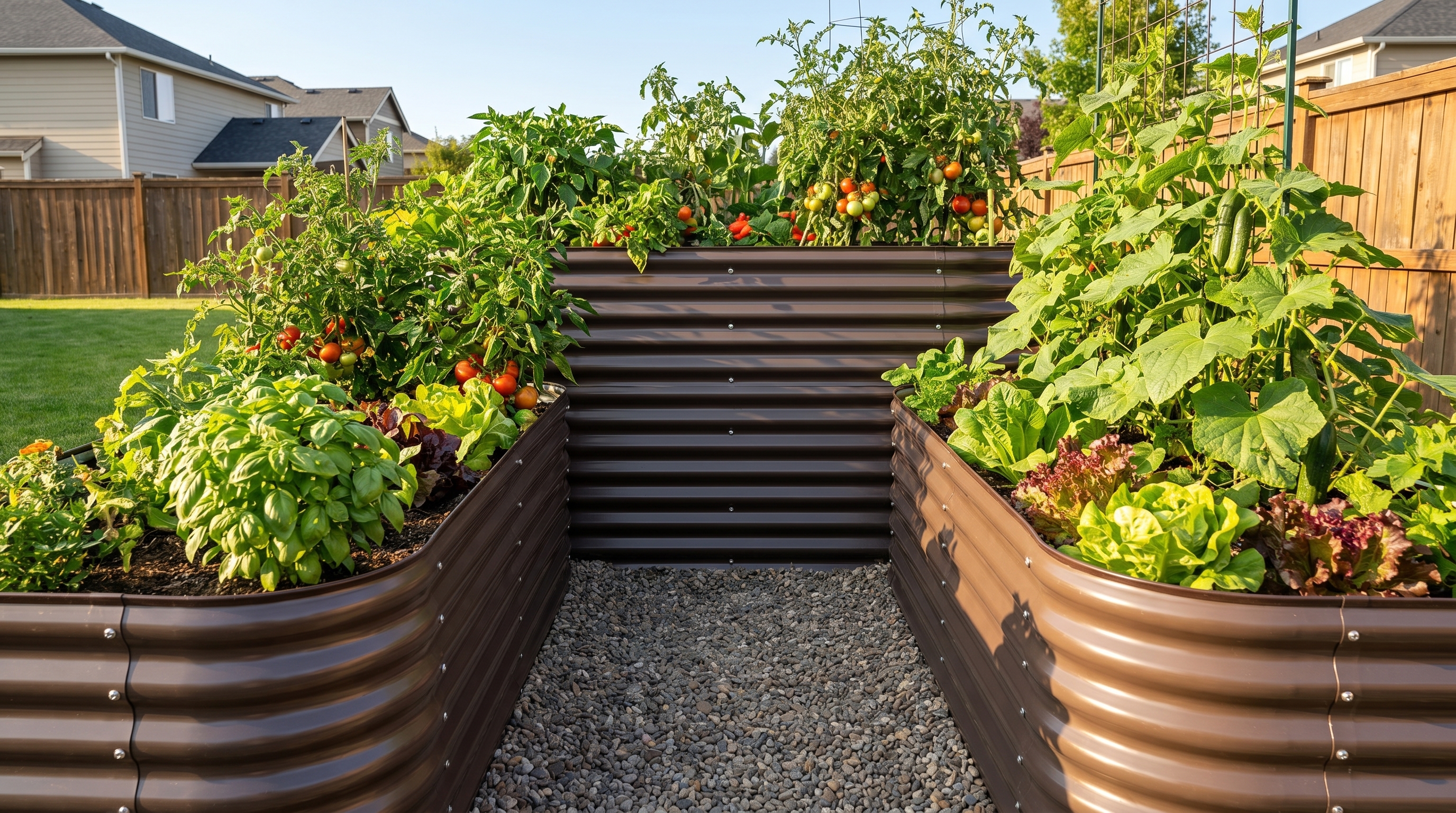 Detailed view of a tiered U-shaped raised garden bed layout with galvanized steel beds and thriving summer vegetables