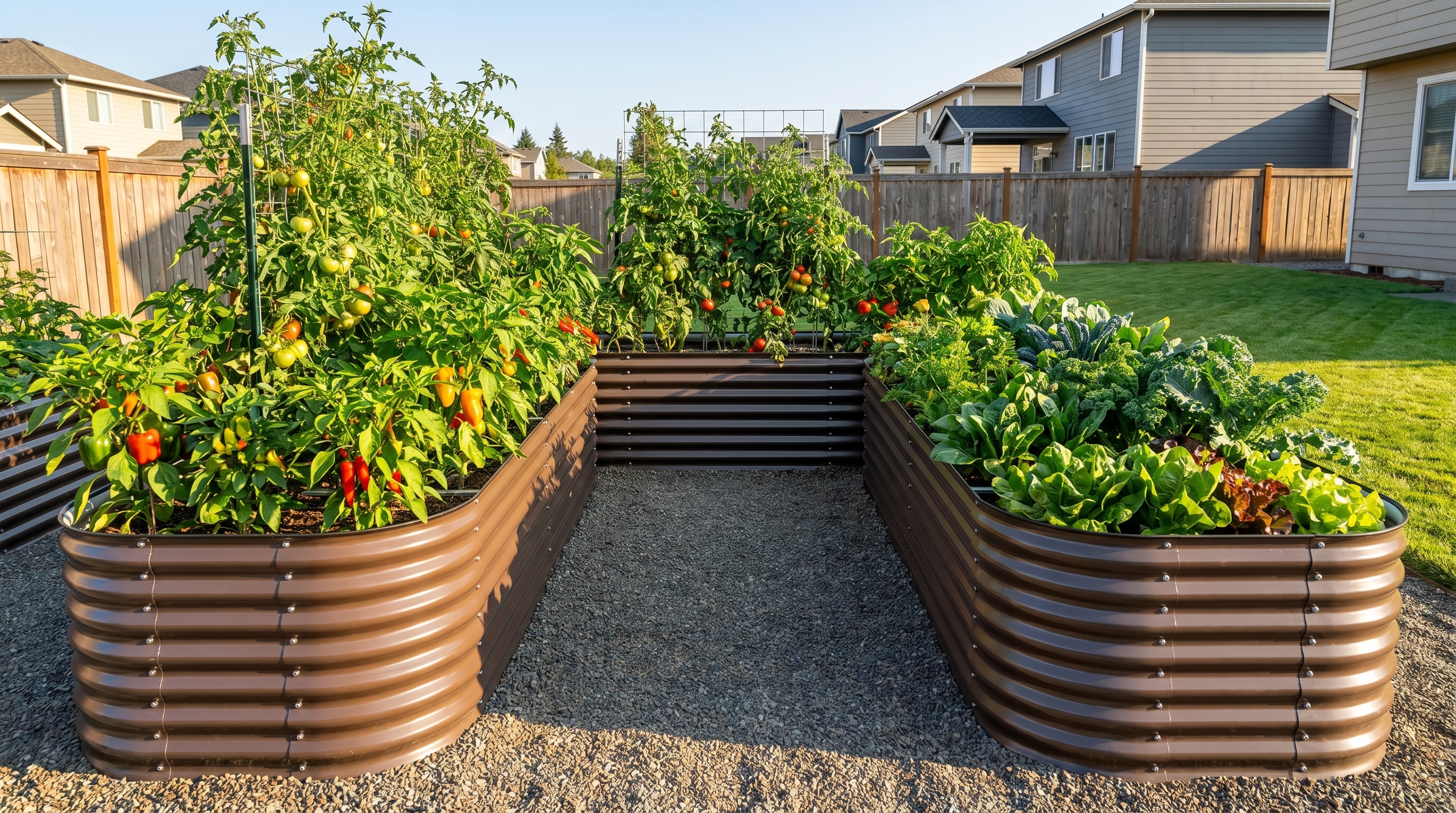A beautifully arranged U-shaped raised garden bed layout in a sunny backyard with thriving vegetables