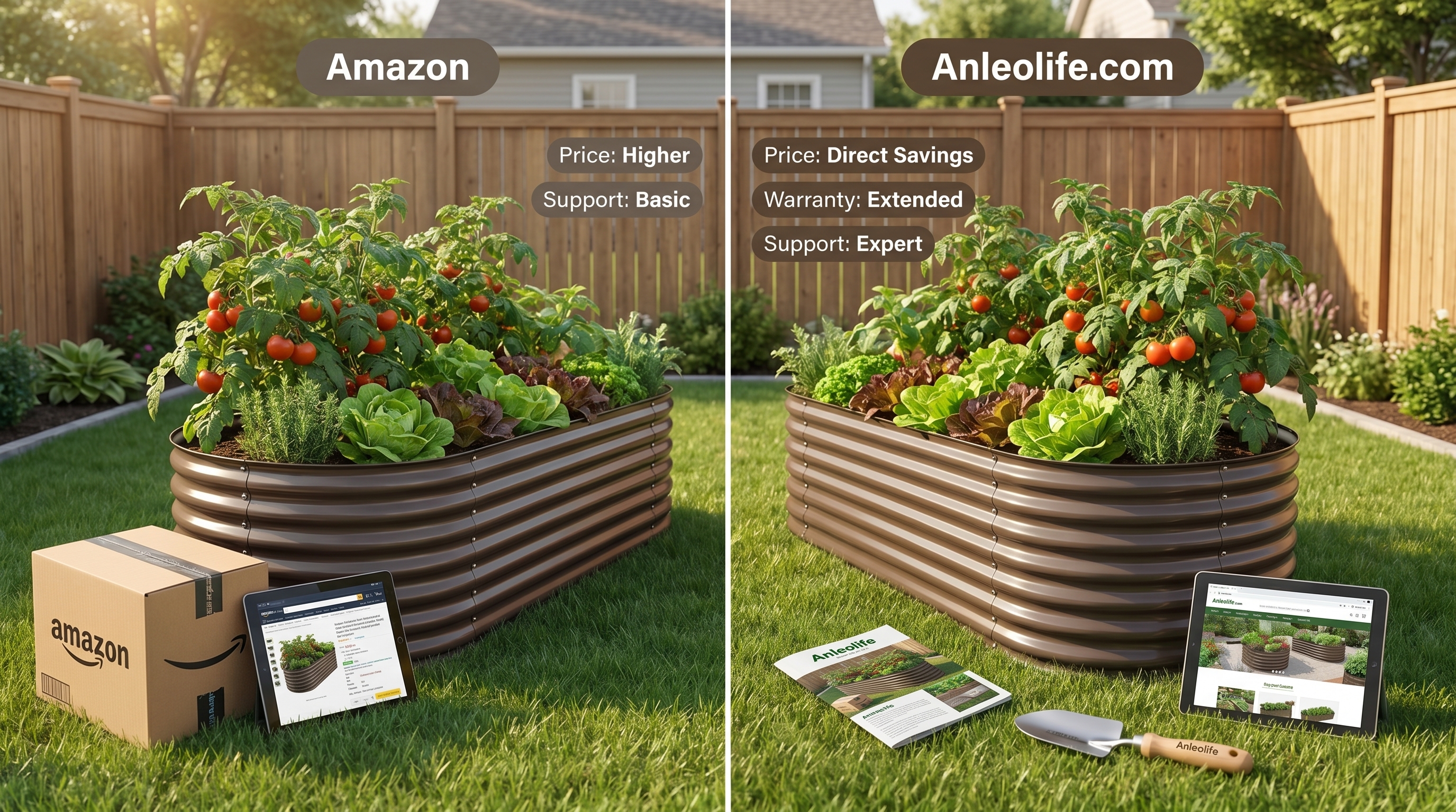 Anleolife raised garden bed on Amazon versus Anleolife.com comparison for price warranty and support