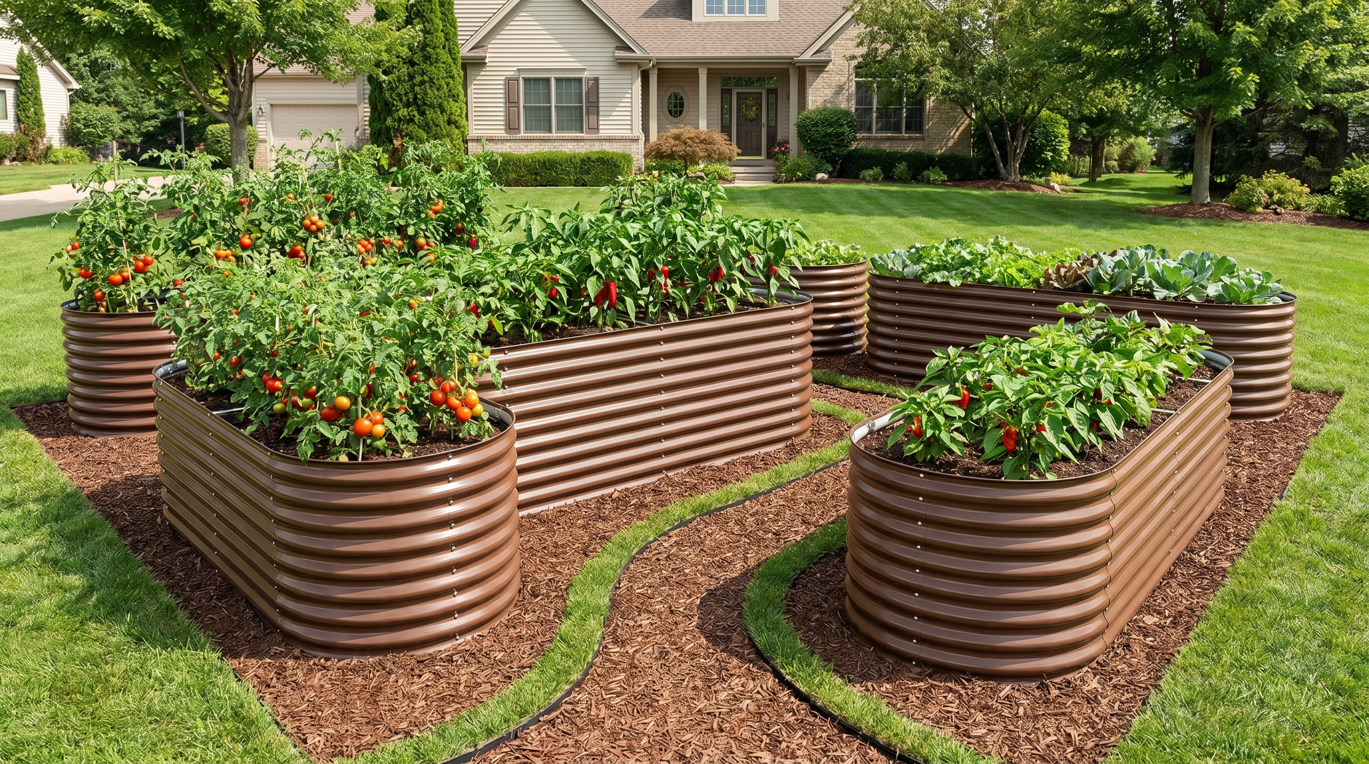 Galvanized steel U-shape raised garden beds with defined pathways and garden edging in a backyard vegetable garden