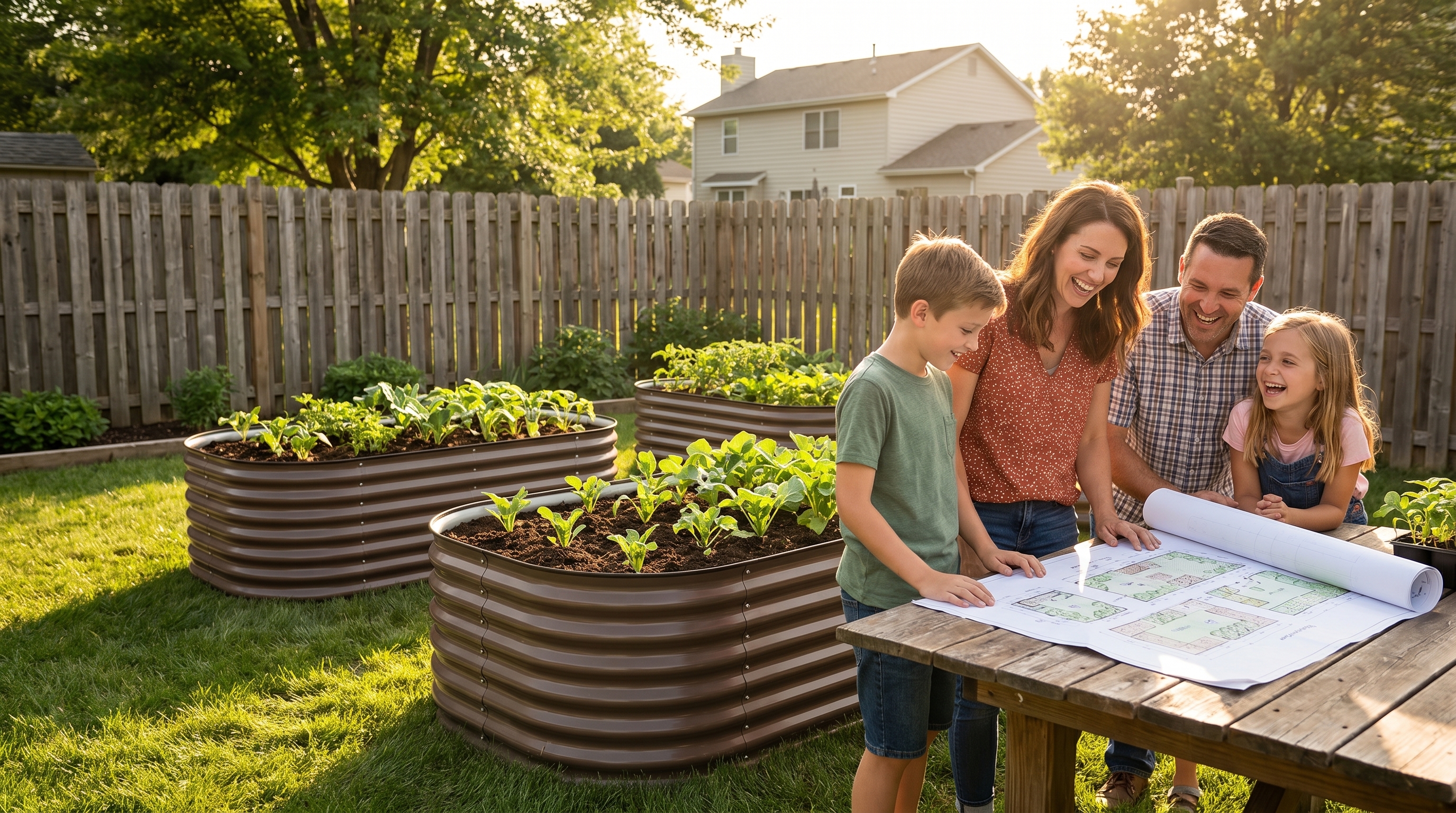 A family of four planning their raised bed vegetable garden layout in a sunny backyard