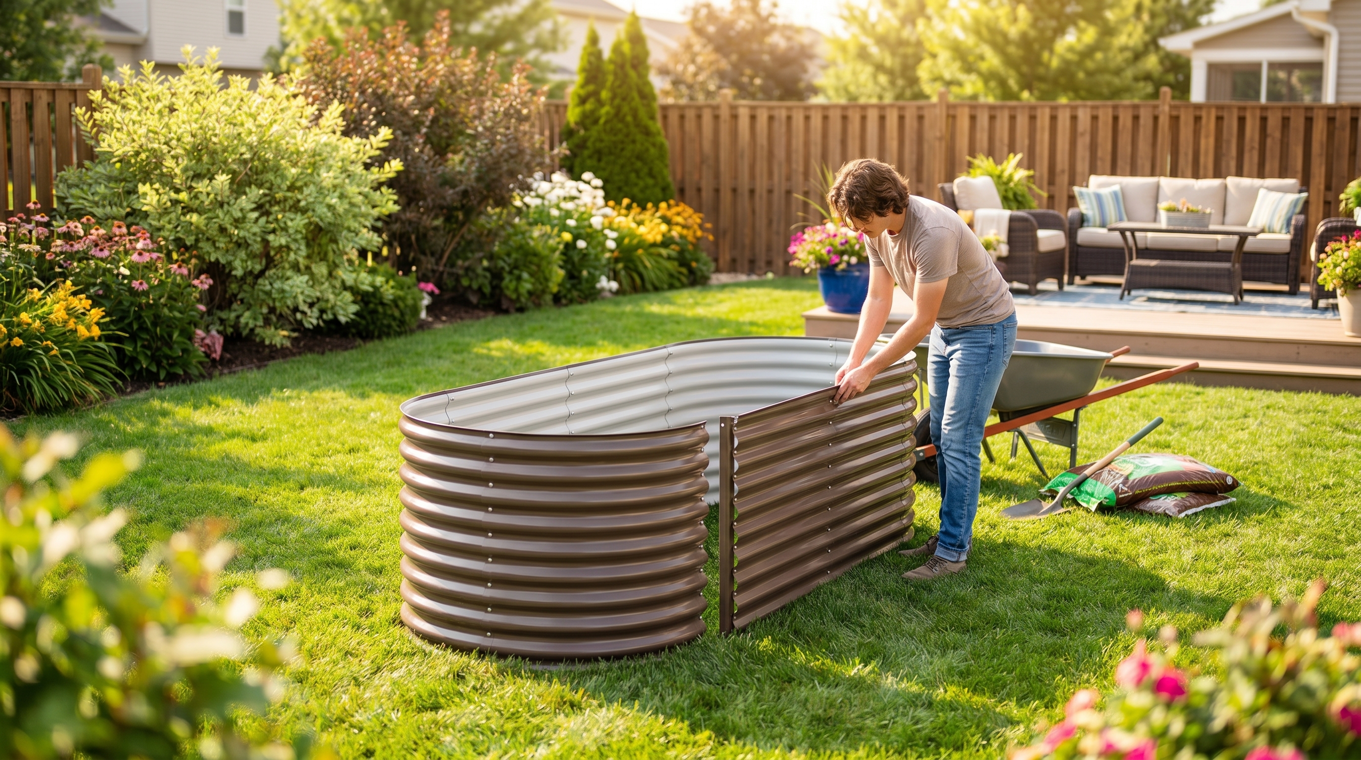 A first-time gardener assembling a metal raised garden bed kit in a sunny backyard