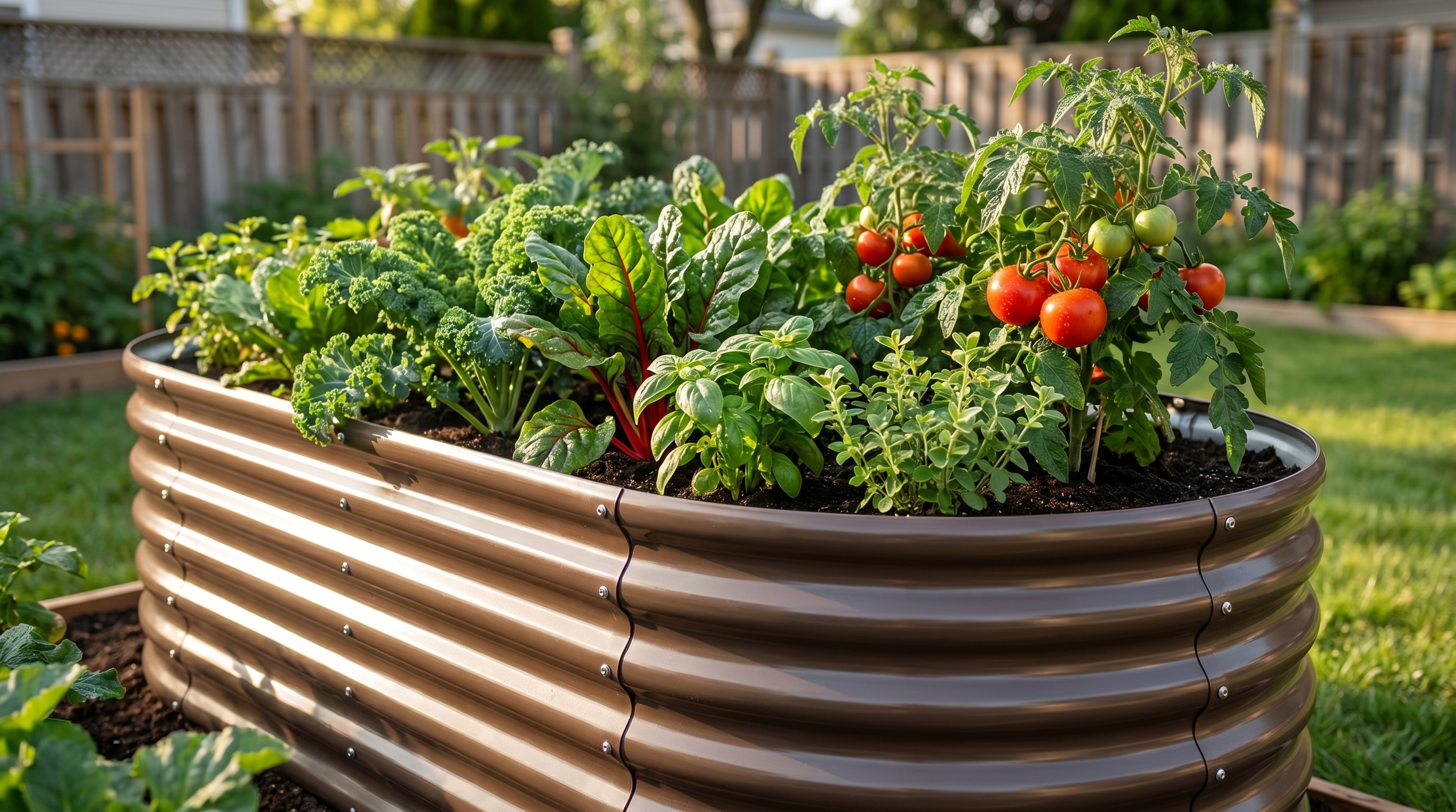 Galvanized steel raised garden beds in a backyard vegetable garden setting