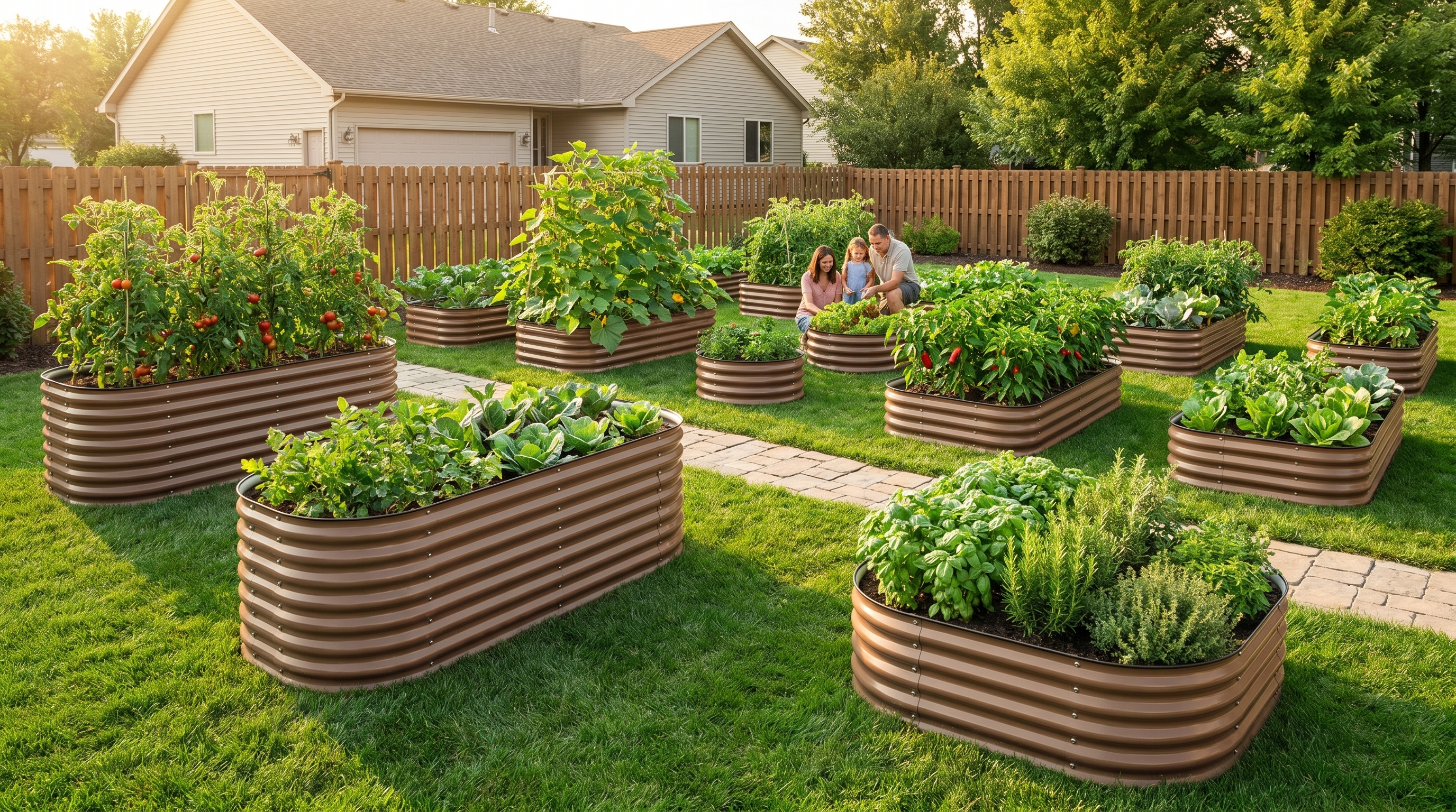 Galvanized steel raised garden bed kits in various sizes arranged in a family backyard garden