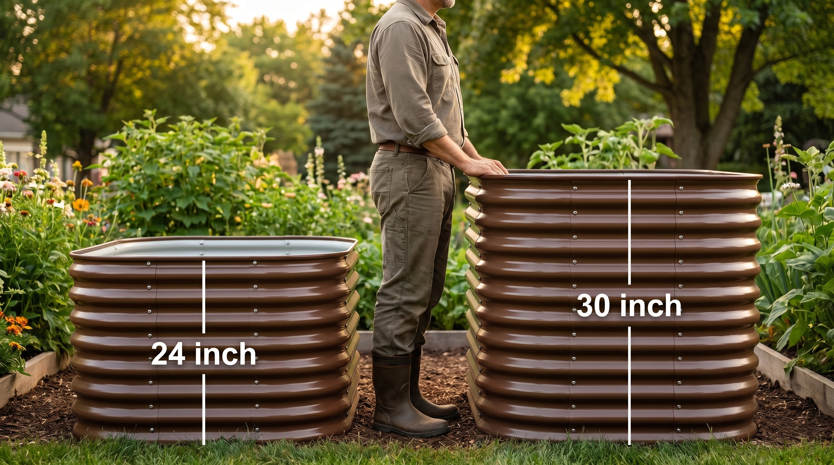 A person gardening comfortably in a tall raised garden bed without bending, comparing 24-inch and 30-inch raised bed heights