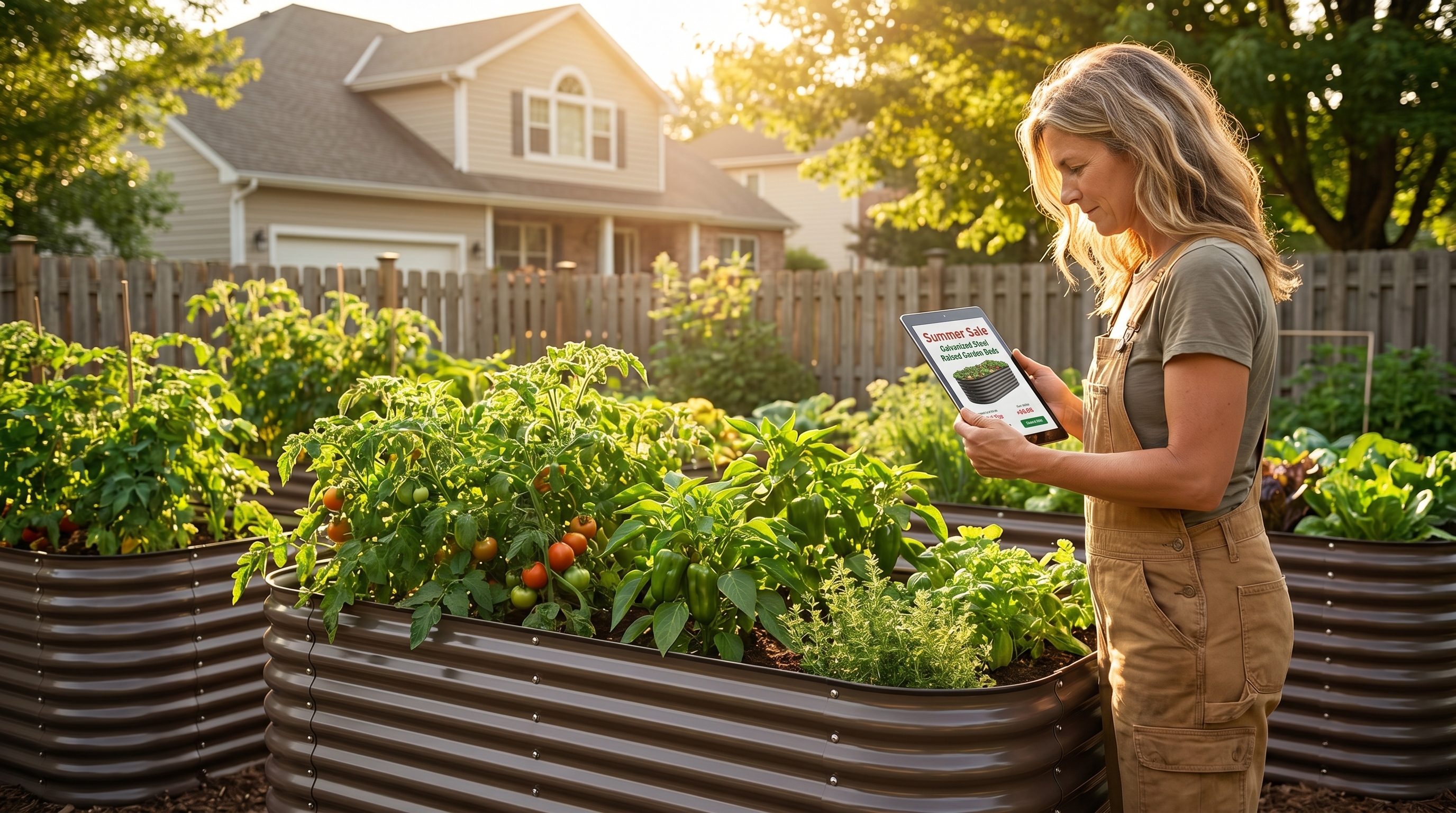 A gardener reviewing summer sale deals on raised garden beds while planning a vegetable garden layout