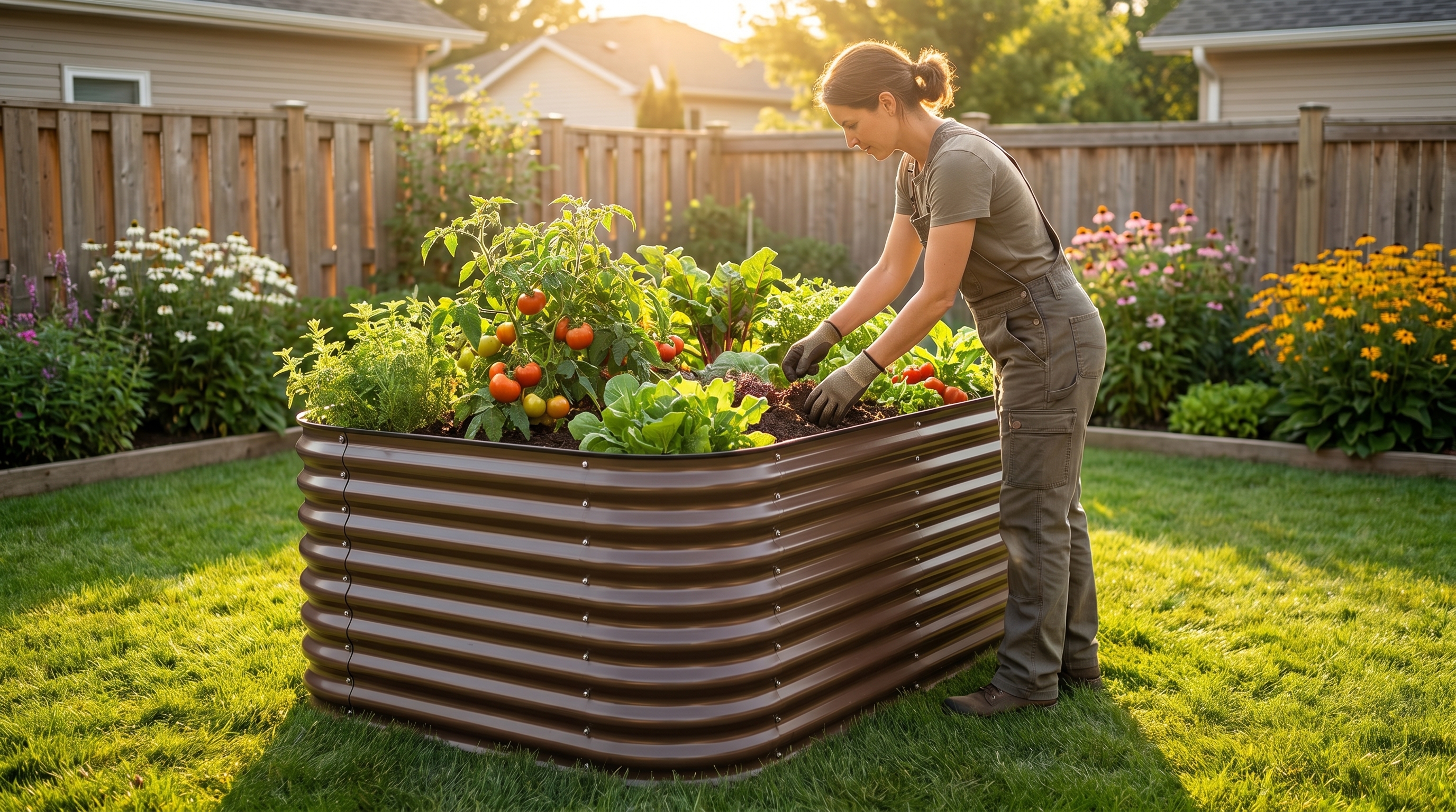 Anleolife 30-inch extra tall galvanized steel raised garden bed with gardener working comfortably at standing height without back strain