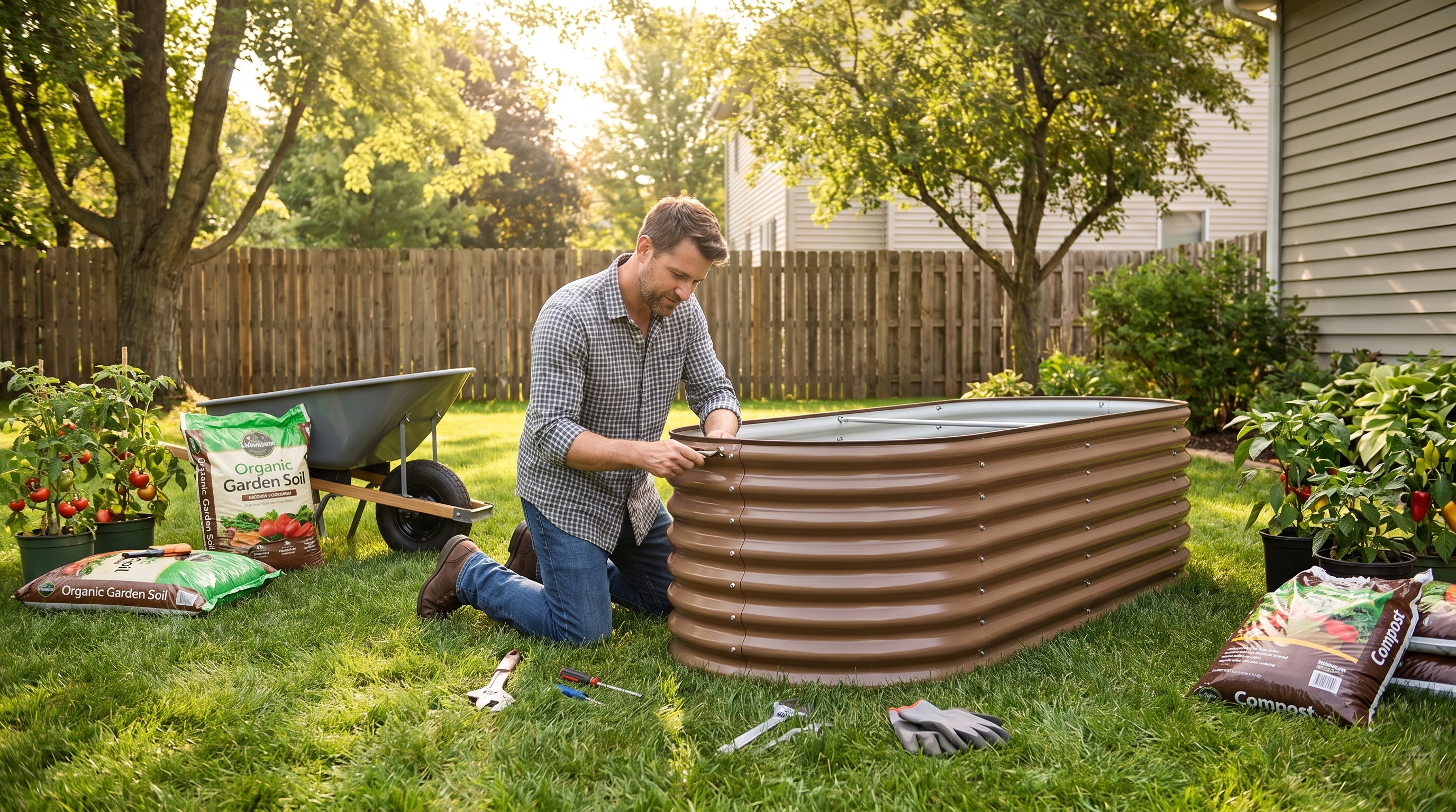 A homeowner assembling a galvanized steel raised garden bed during summer, with gardening tools and soil nearby
