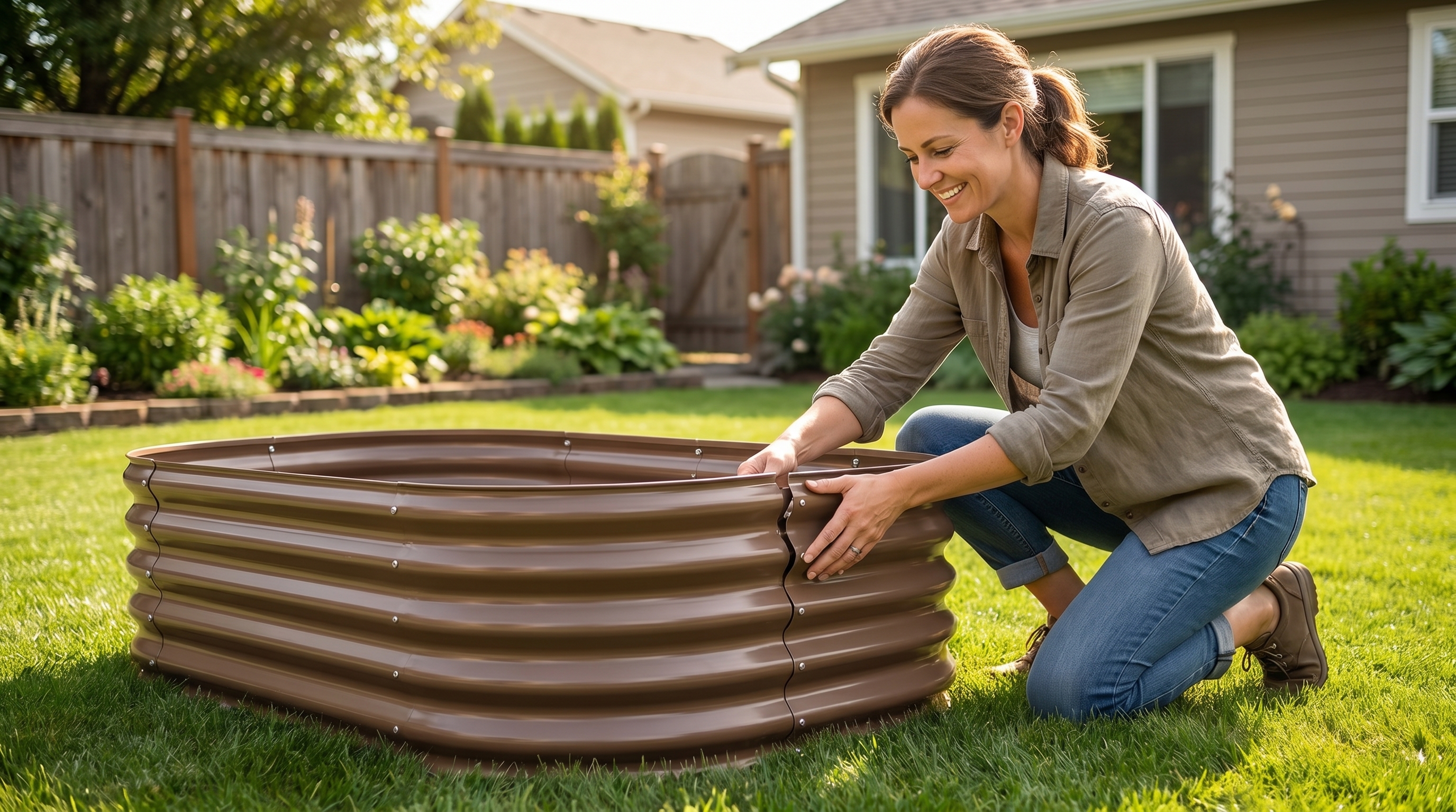A homeowner easily assembling a raised garden bed in a sunny backyard