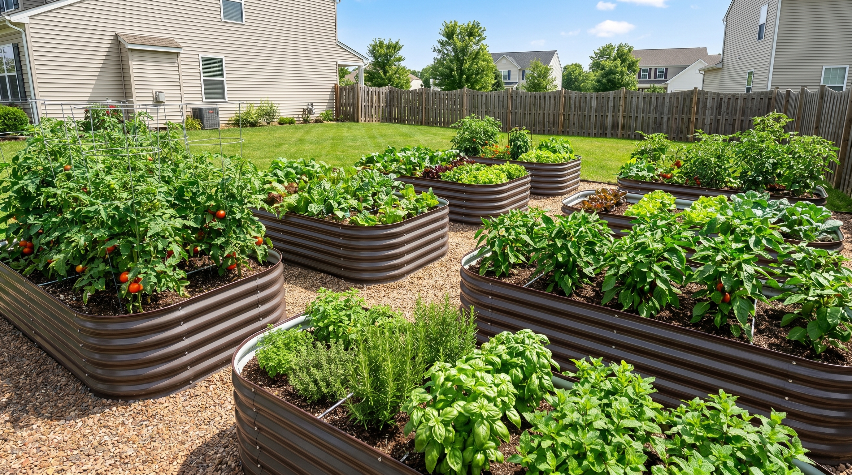 Organized family raised bed garden with multiple galvanized steel beds and clear pathways between them