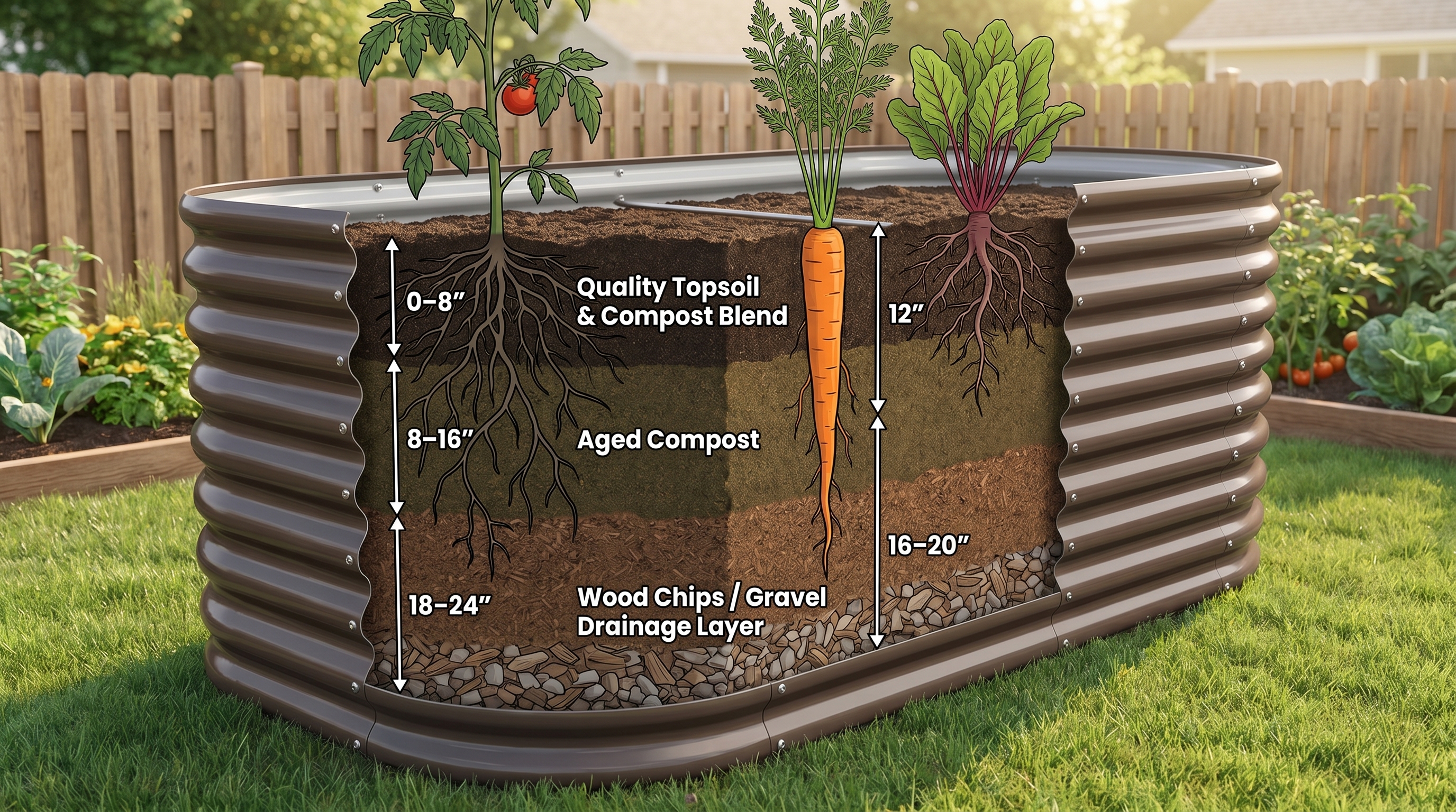 Cross-section diagram of a raised garden bed showing ideal soil depth layers for tomatoes carrots and root vegetables