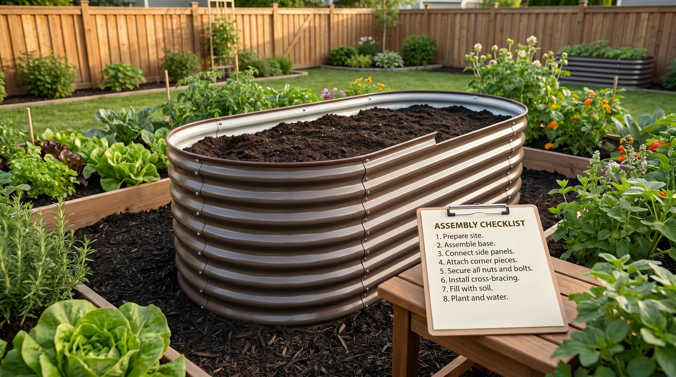 Eight-point checklist laid out next to an assembled galvanized raised garden bed in a home backyard