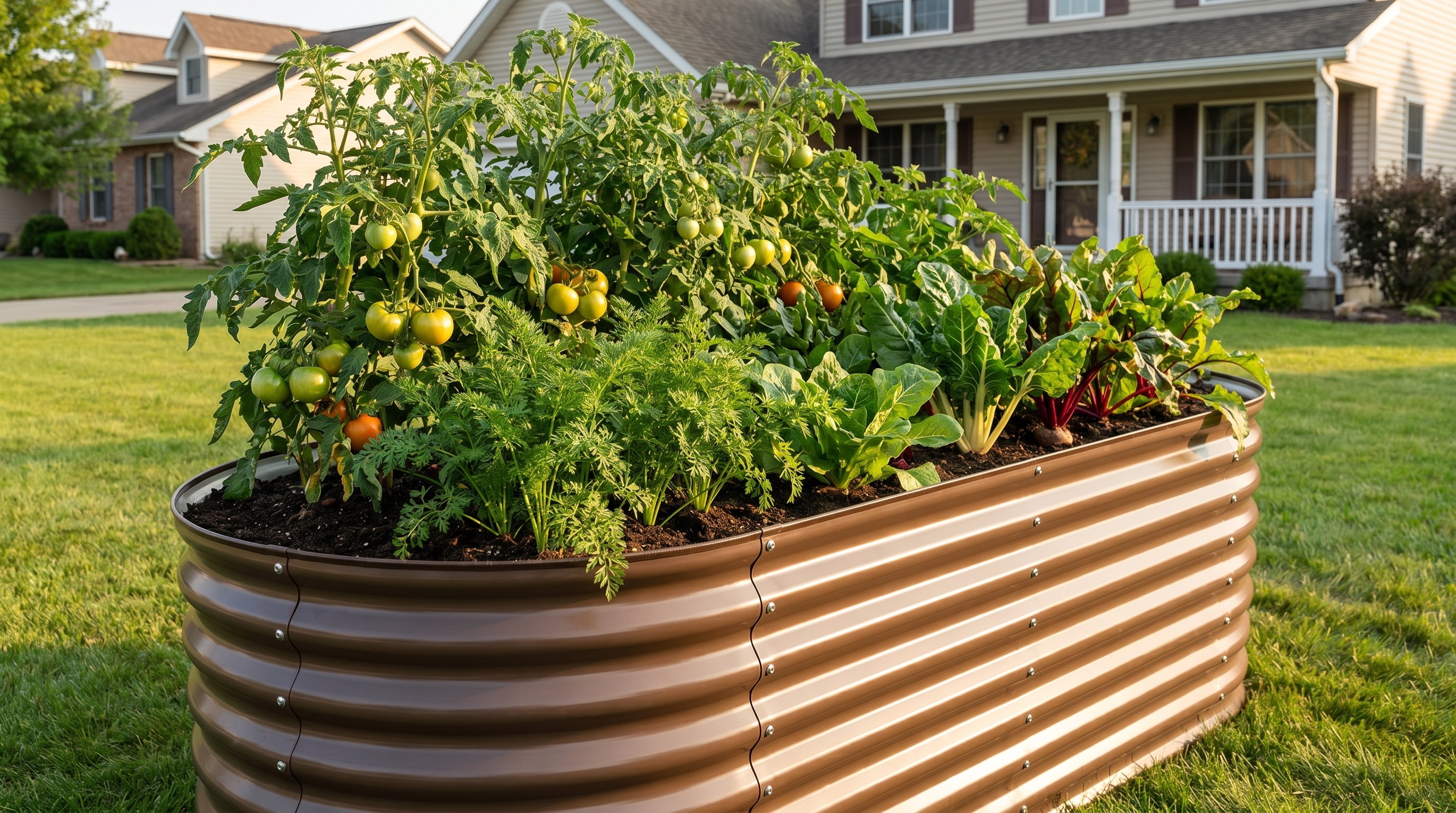 A lush raised garden bed filled with tomatoes, carrots, and root vegetables growing in rich deep soil