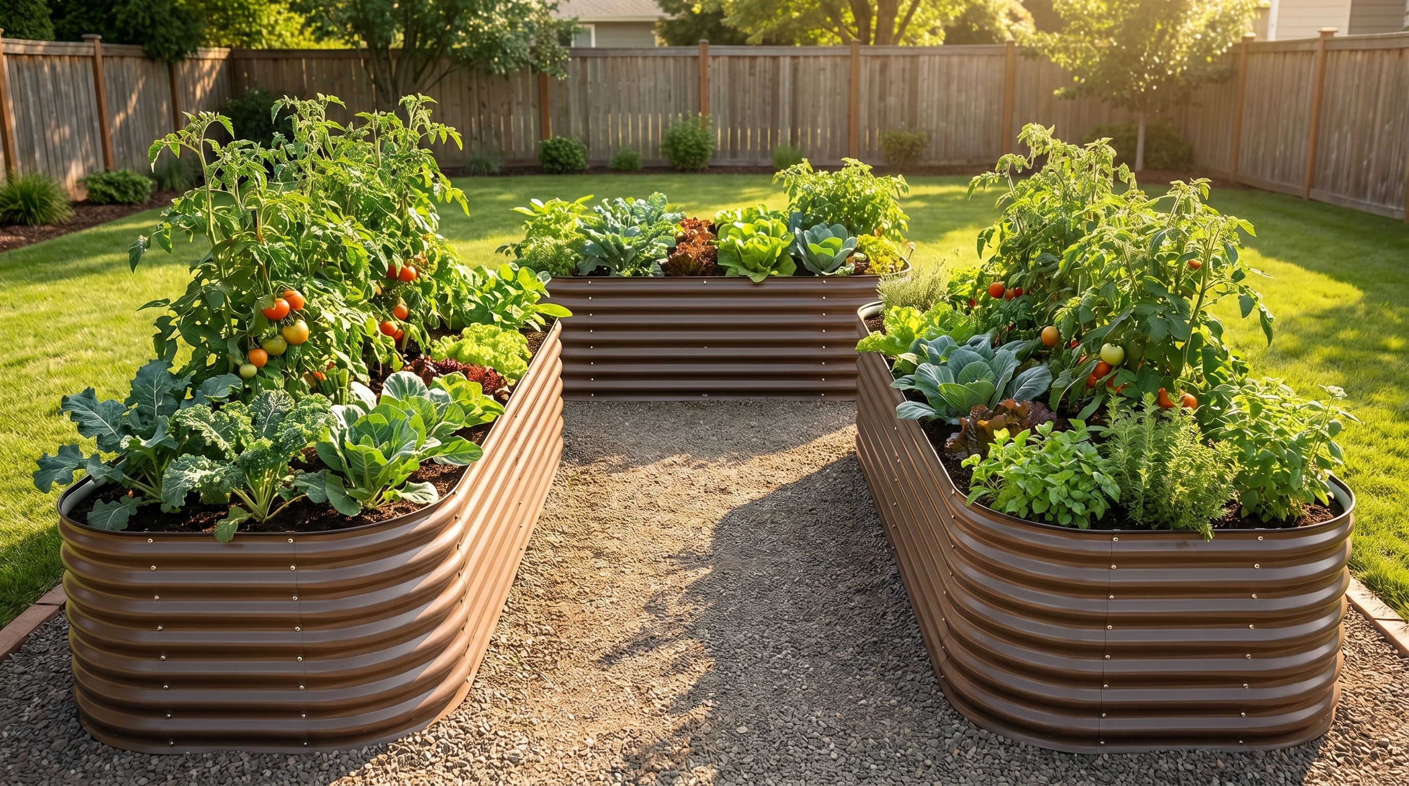 A well-designed U-shaped raised garden bed layout with accessible pathways and galvanized steel beds